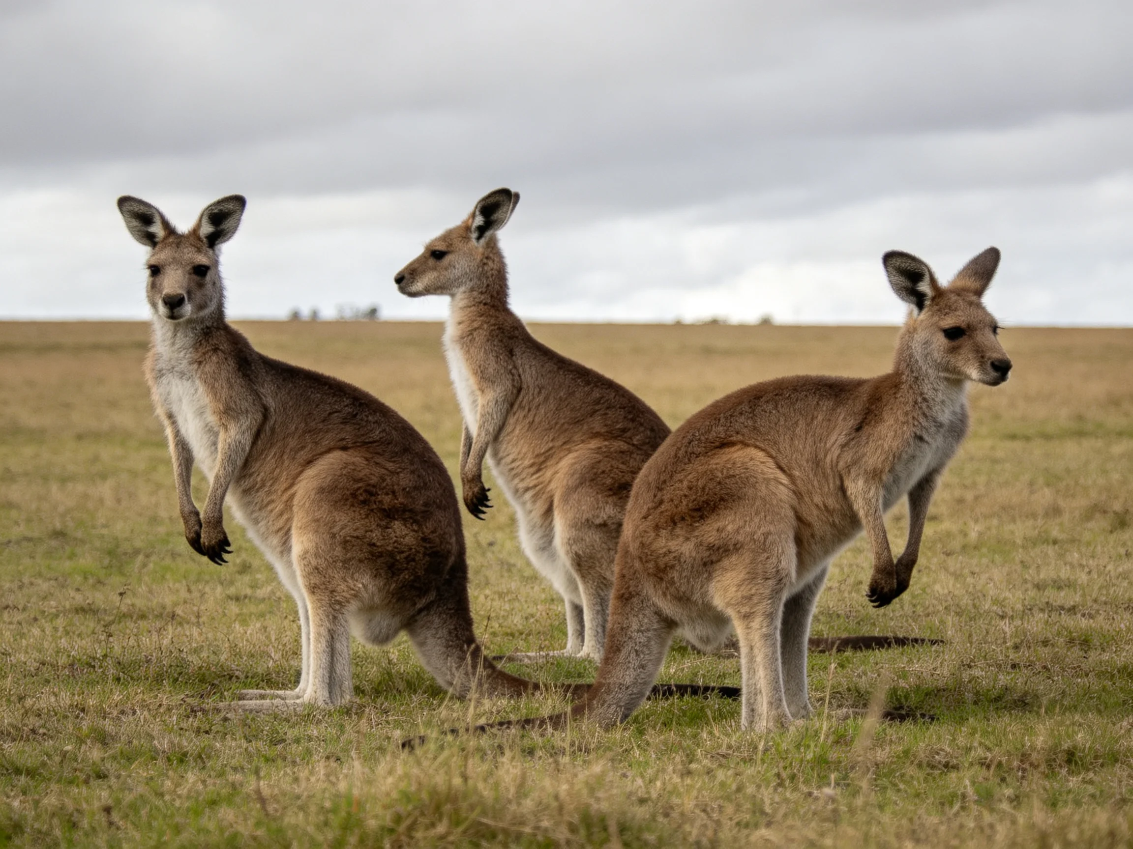 Three brown kangaroos standing in an open grassy field