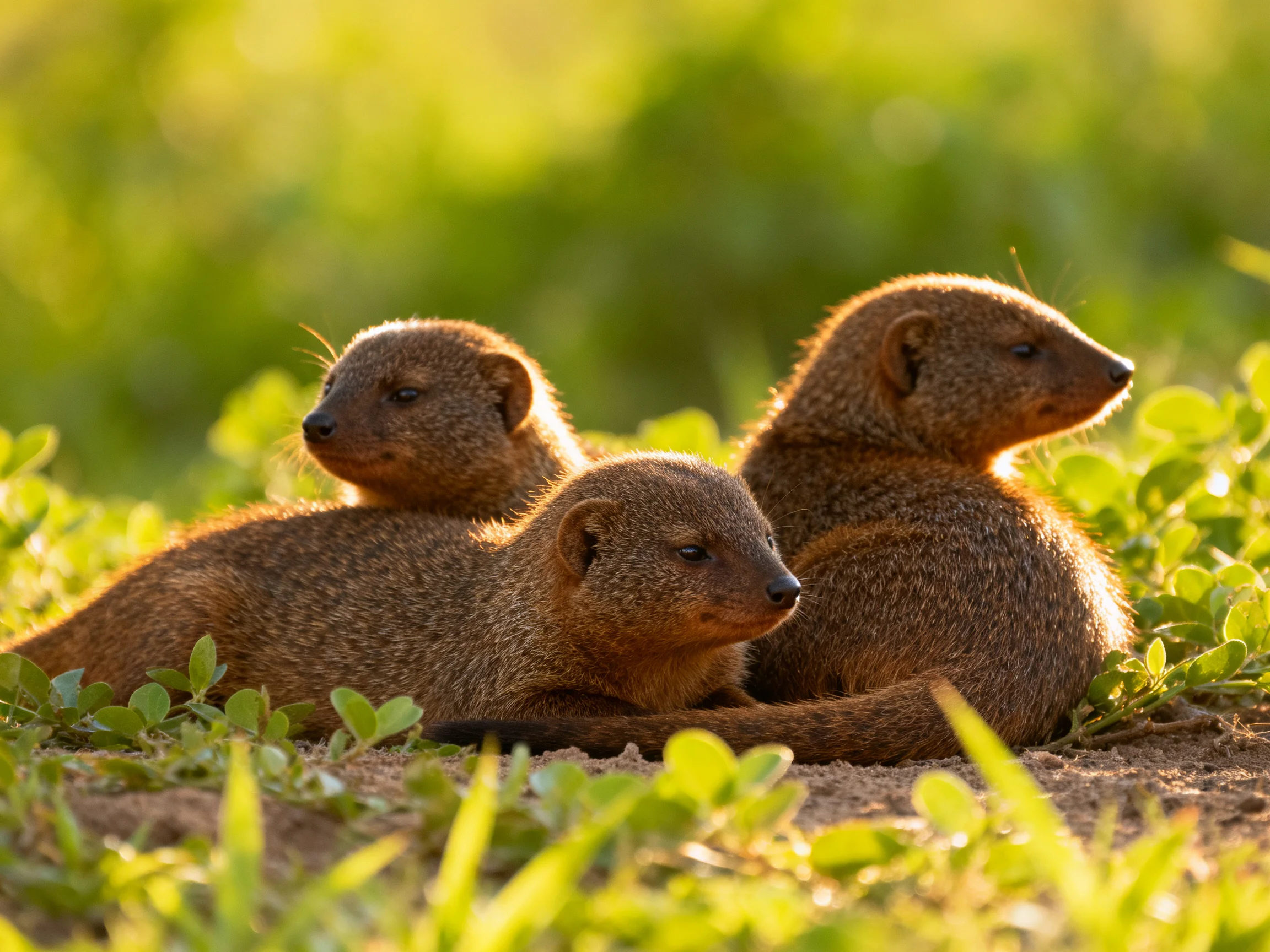 Three brown mongooses relax together in a sunlit area with greenery