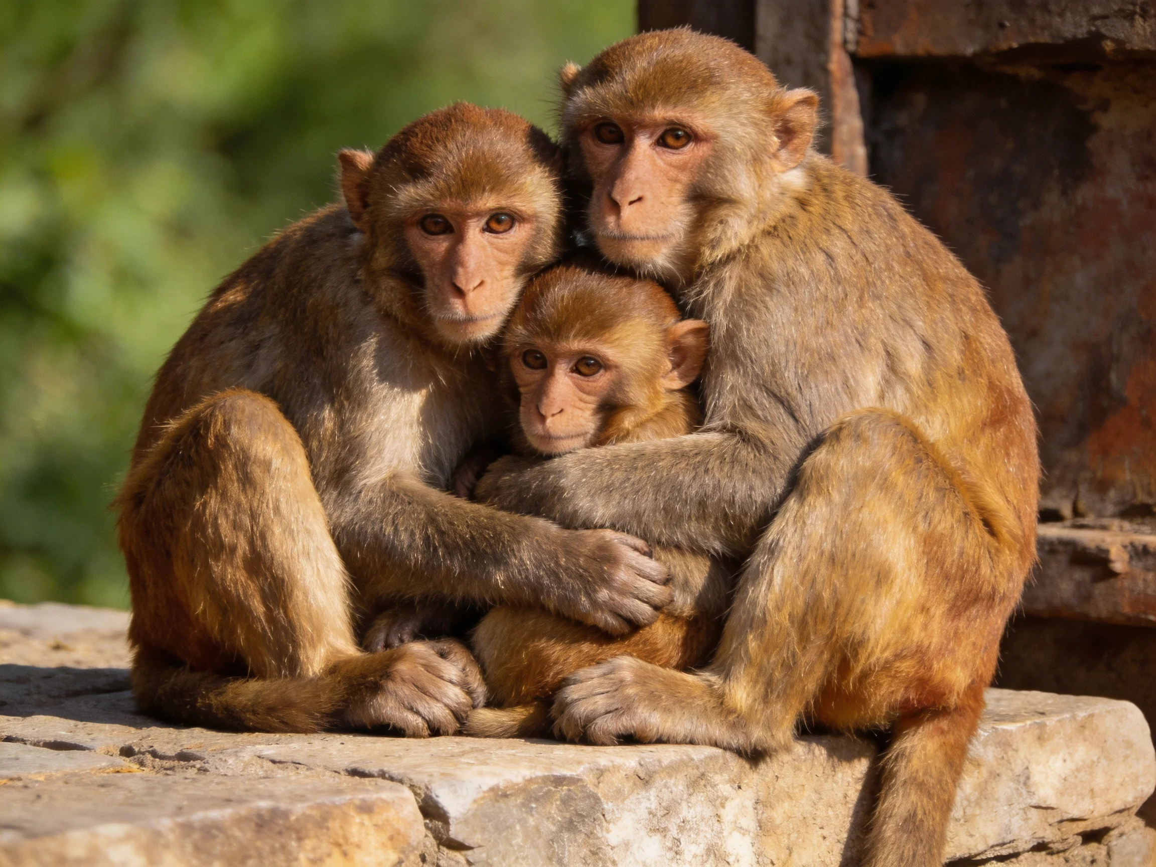 Three brown monkeys cuddling together on a stone ledge