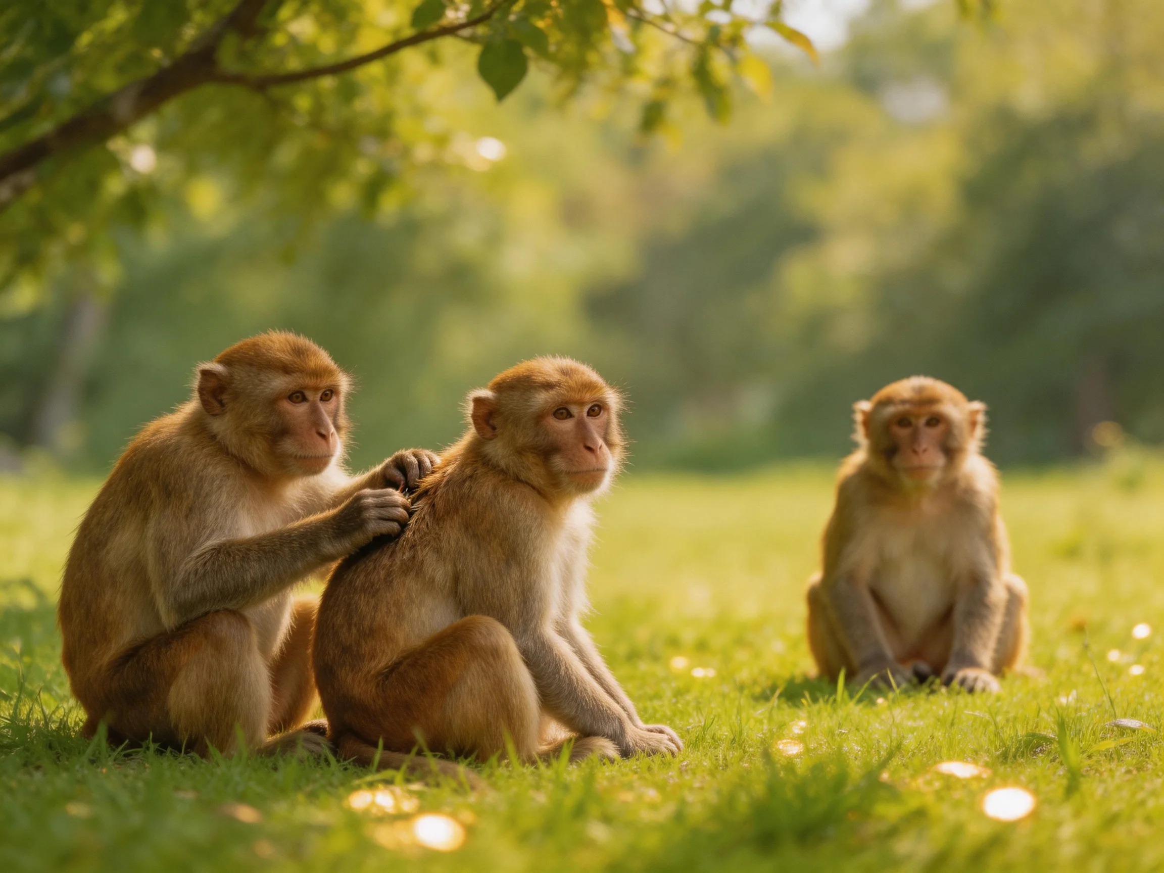 Three brown monkeys in a sunlit green meadow
