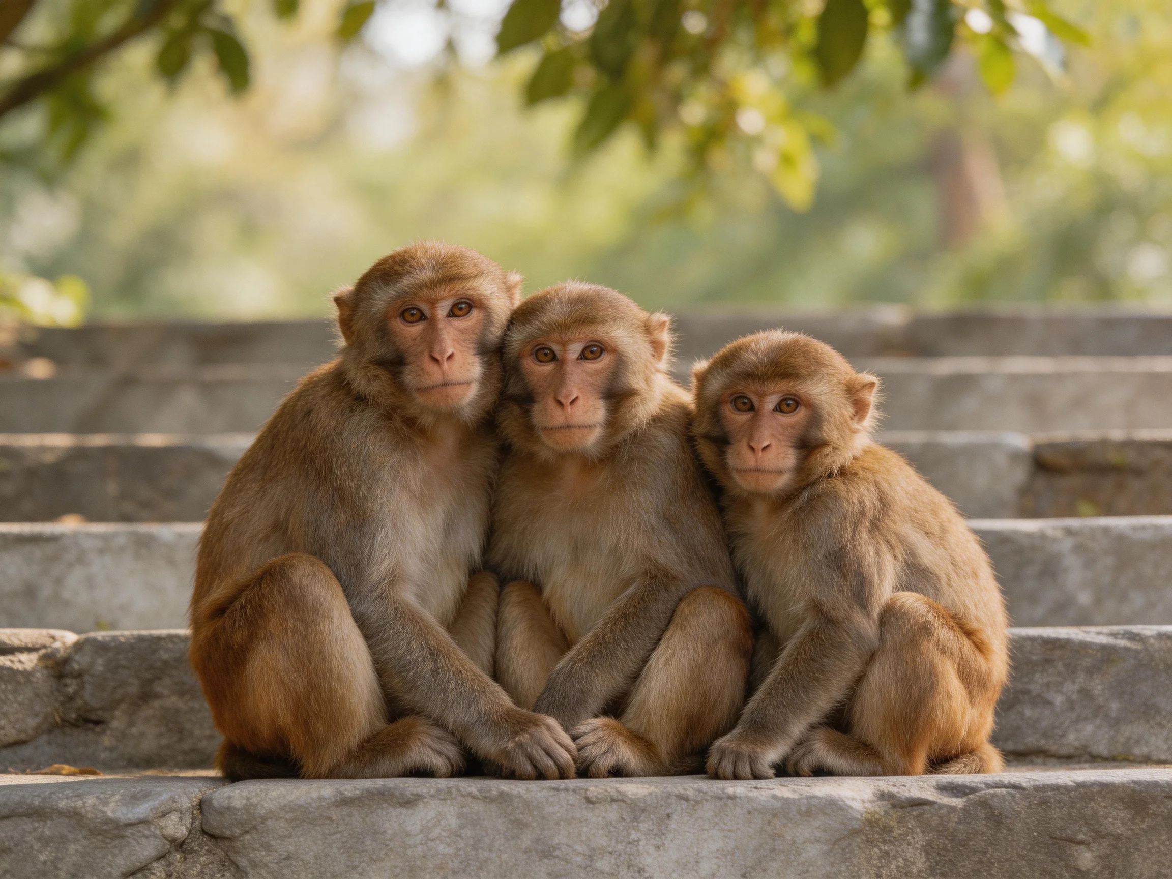 Three brown monkeys sit closely on weathered stone steps