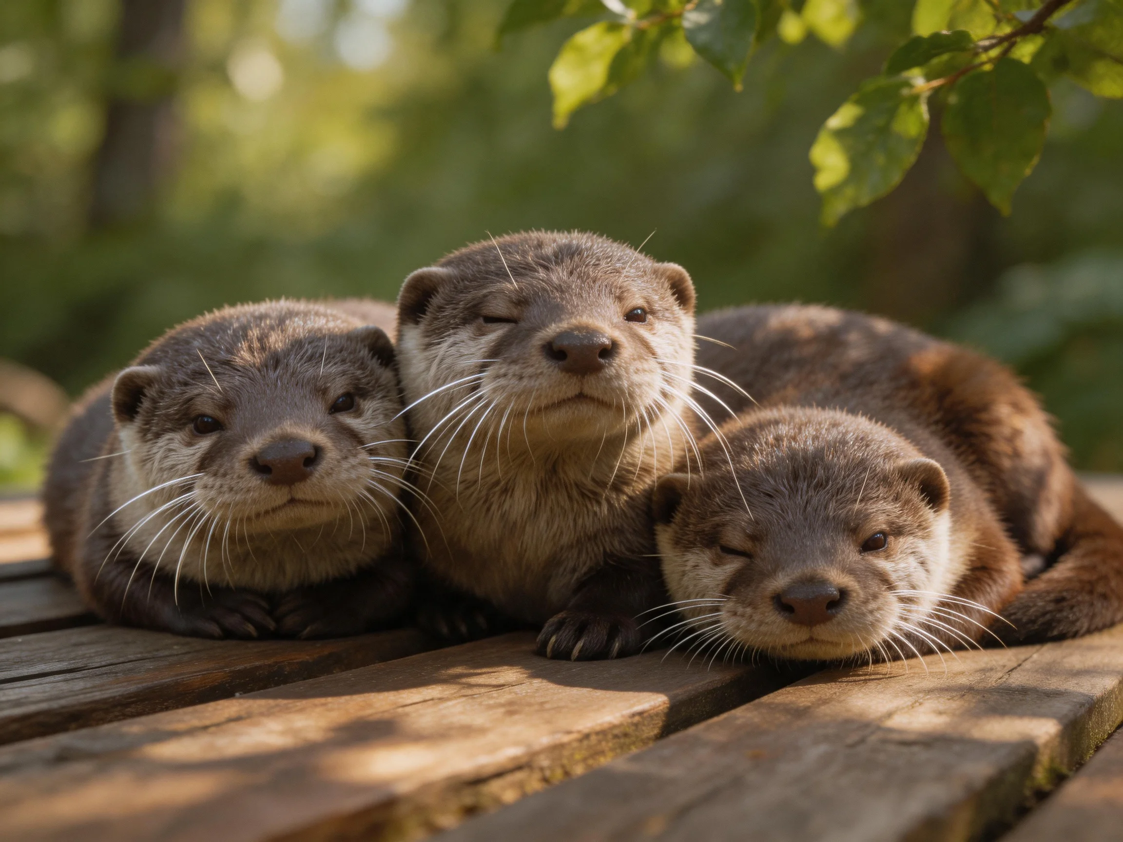 Three brown otter pups rest together on a wooden bench in a sunlit, leafy environment.
