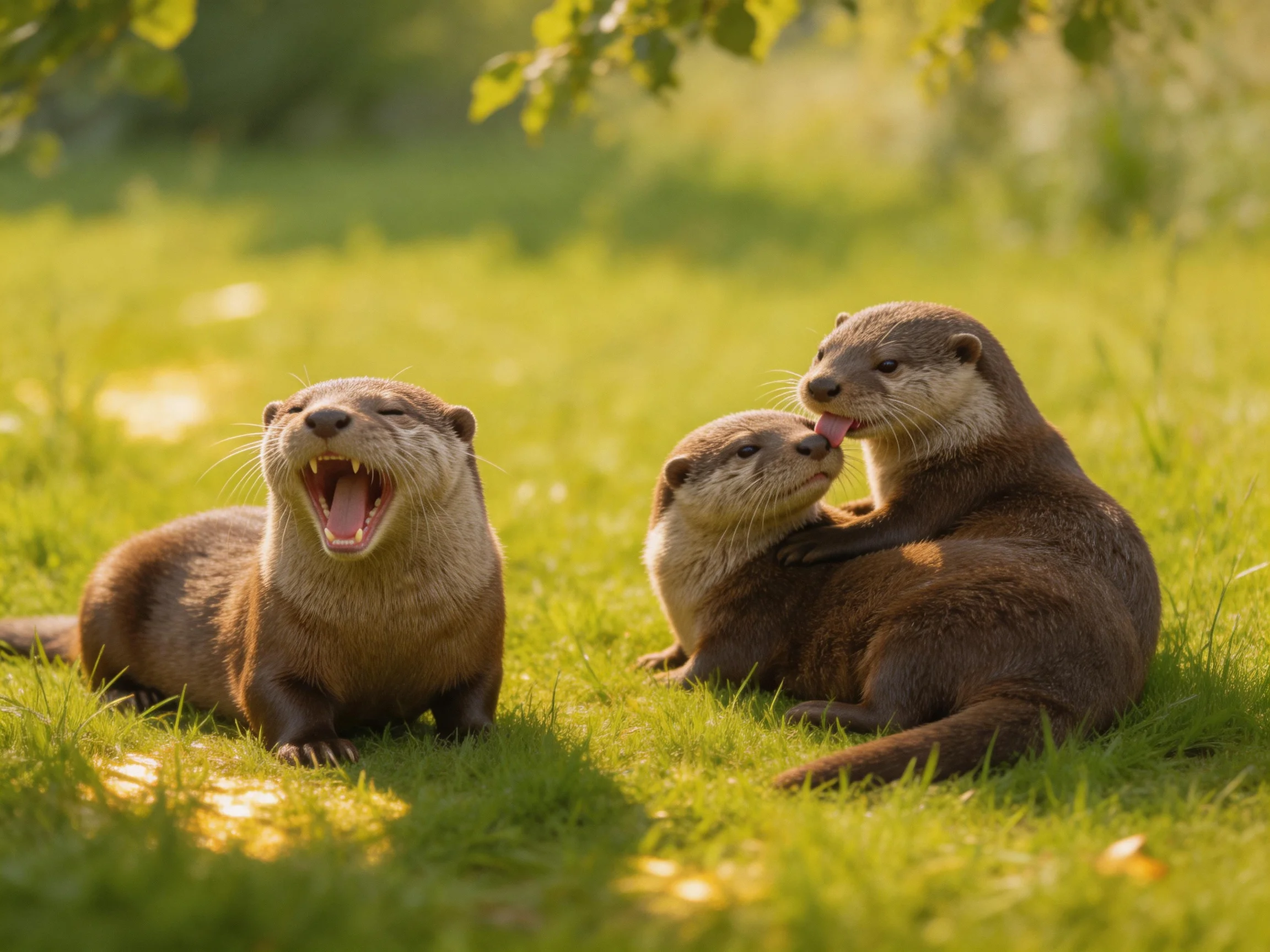 Three brown otters interact on sun-dappled green grass