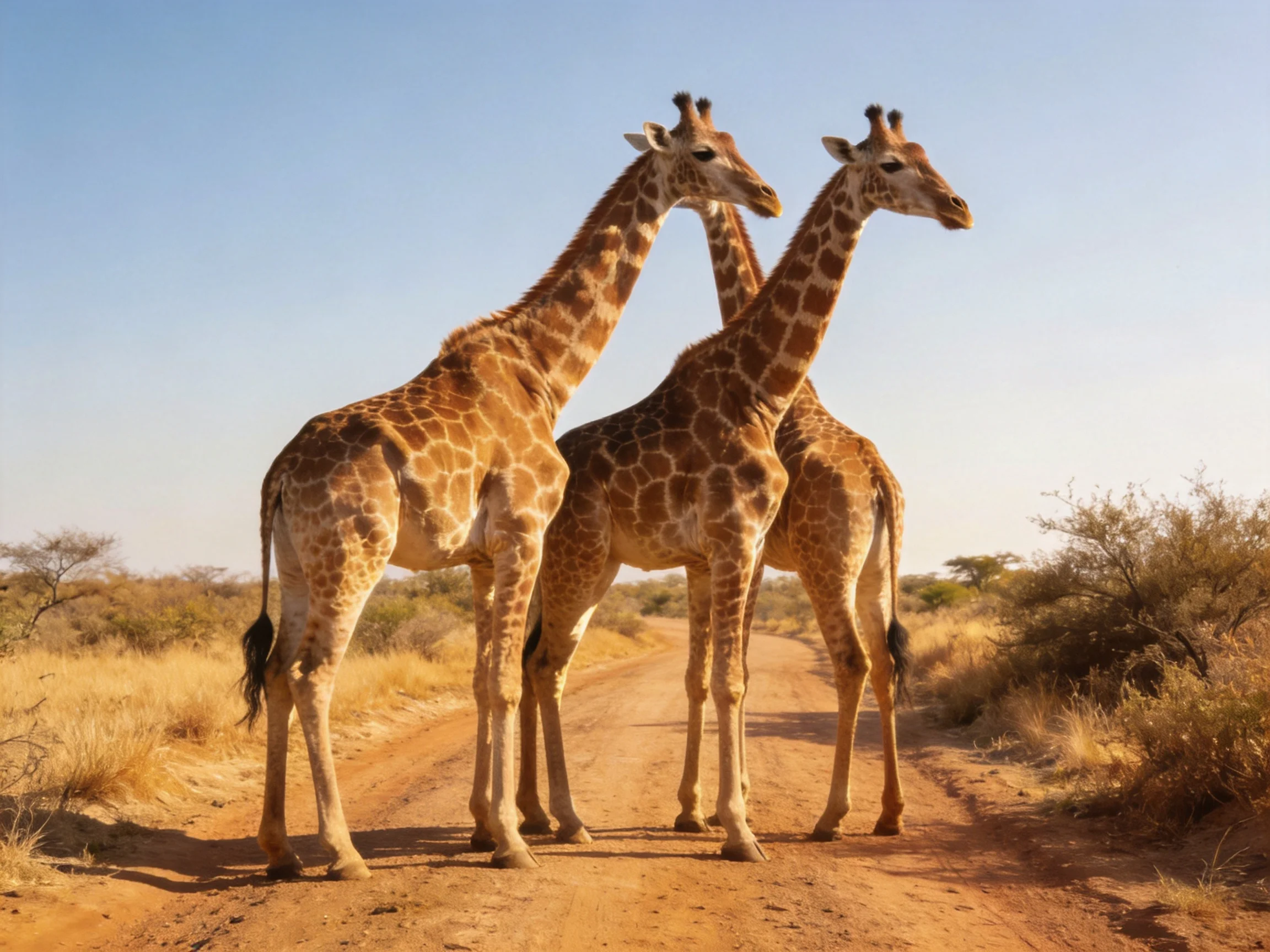 Three brown-spotted giraffes on a dusty savannah path
