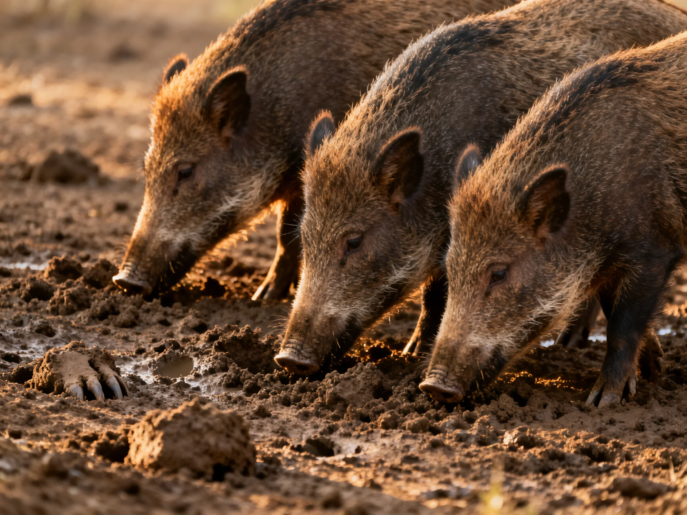 Three brown wild boars forage in muddy terrain under warm light