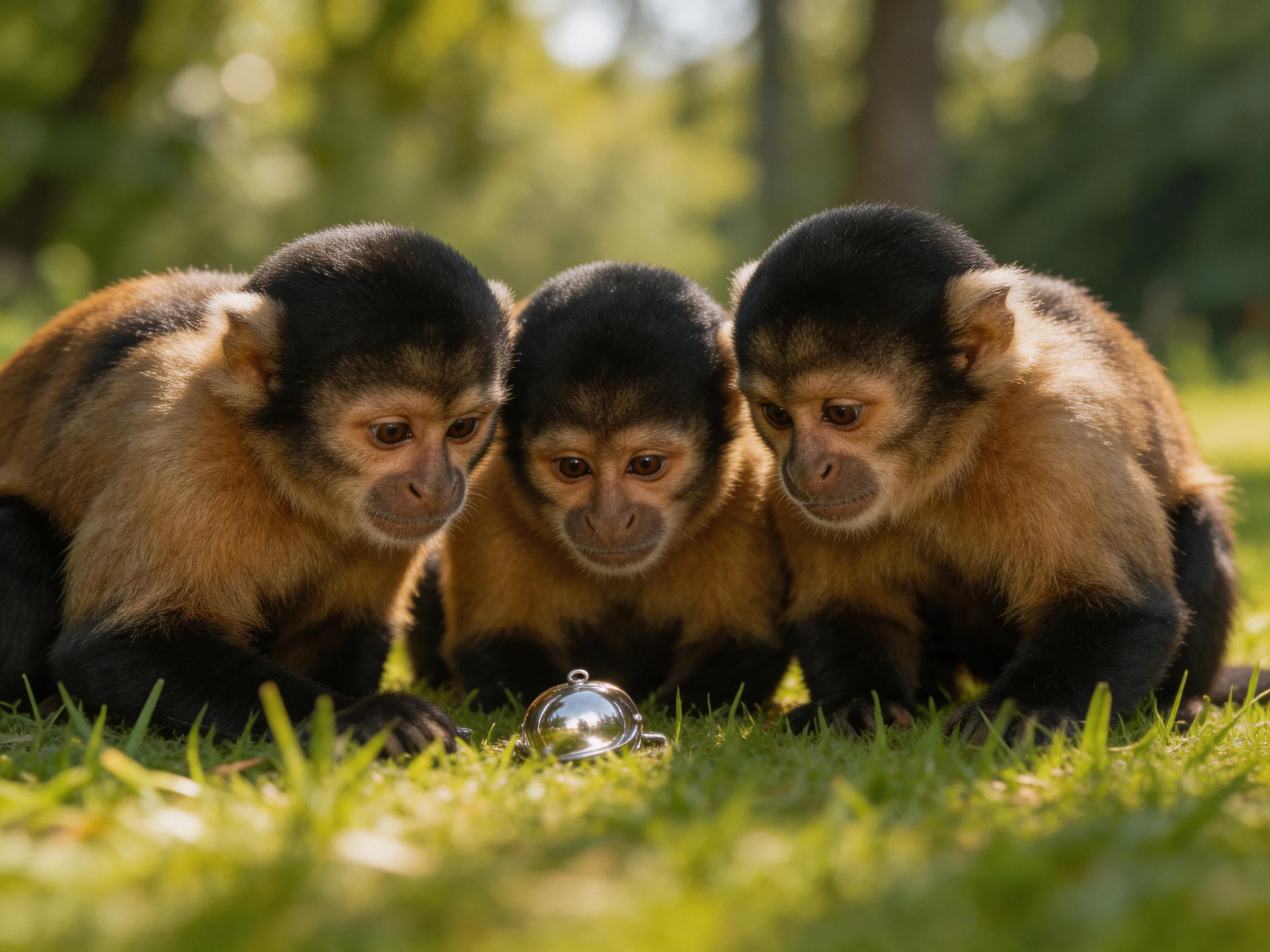 Three capuchin monkeys examine a silver bell on green grass