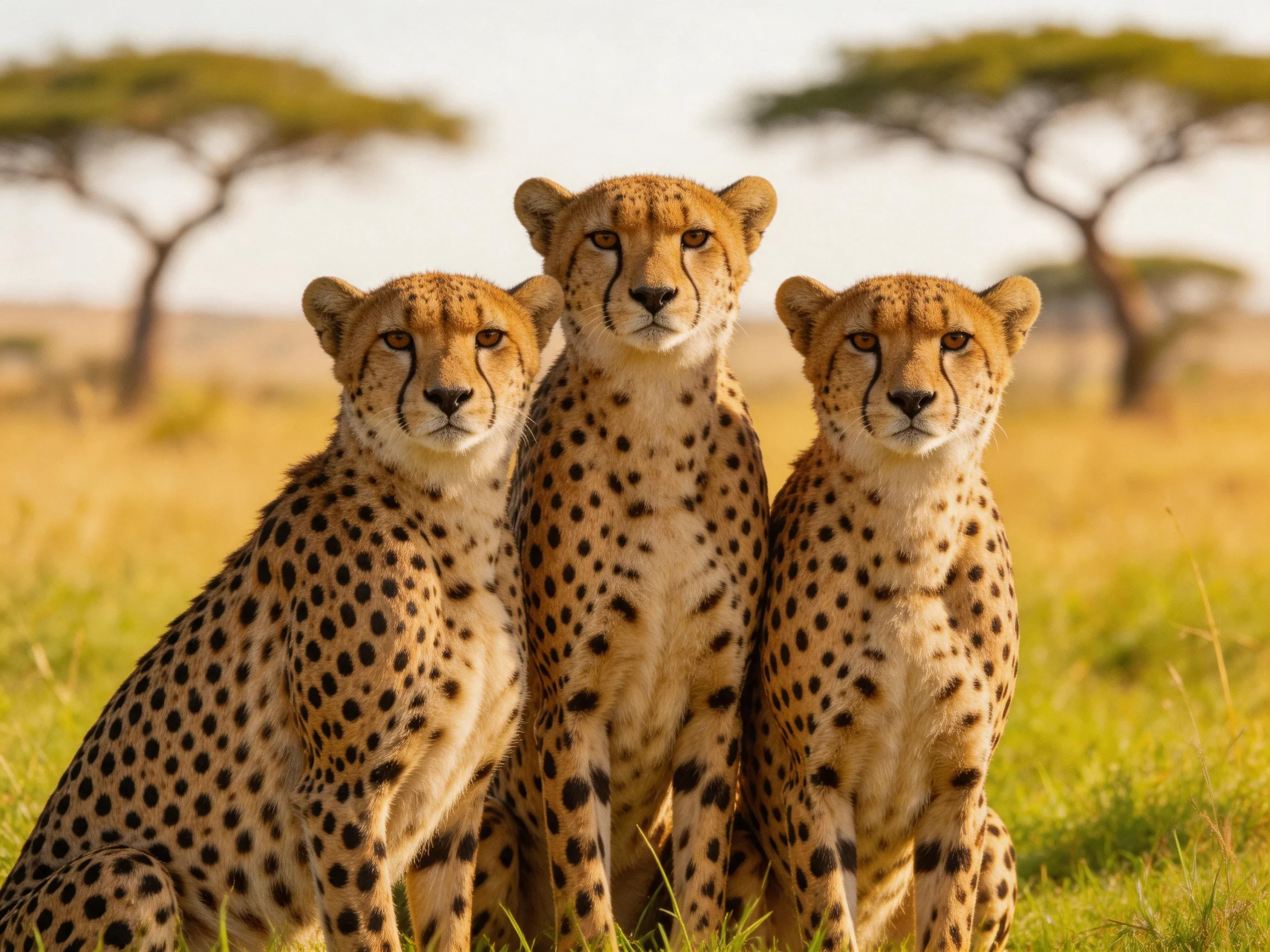 Three cheetahs with black spots in savannah landscape