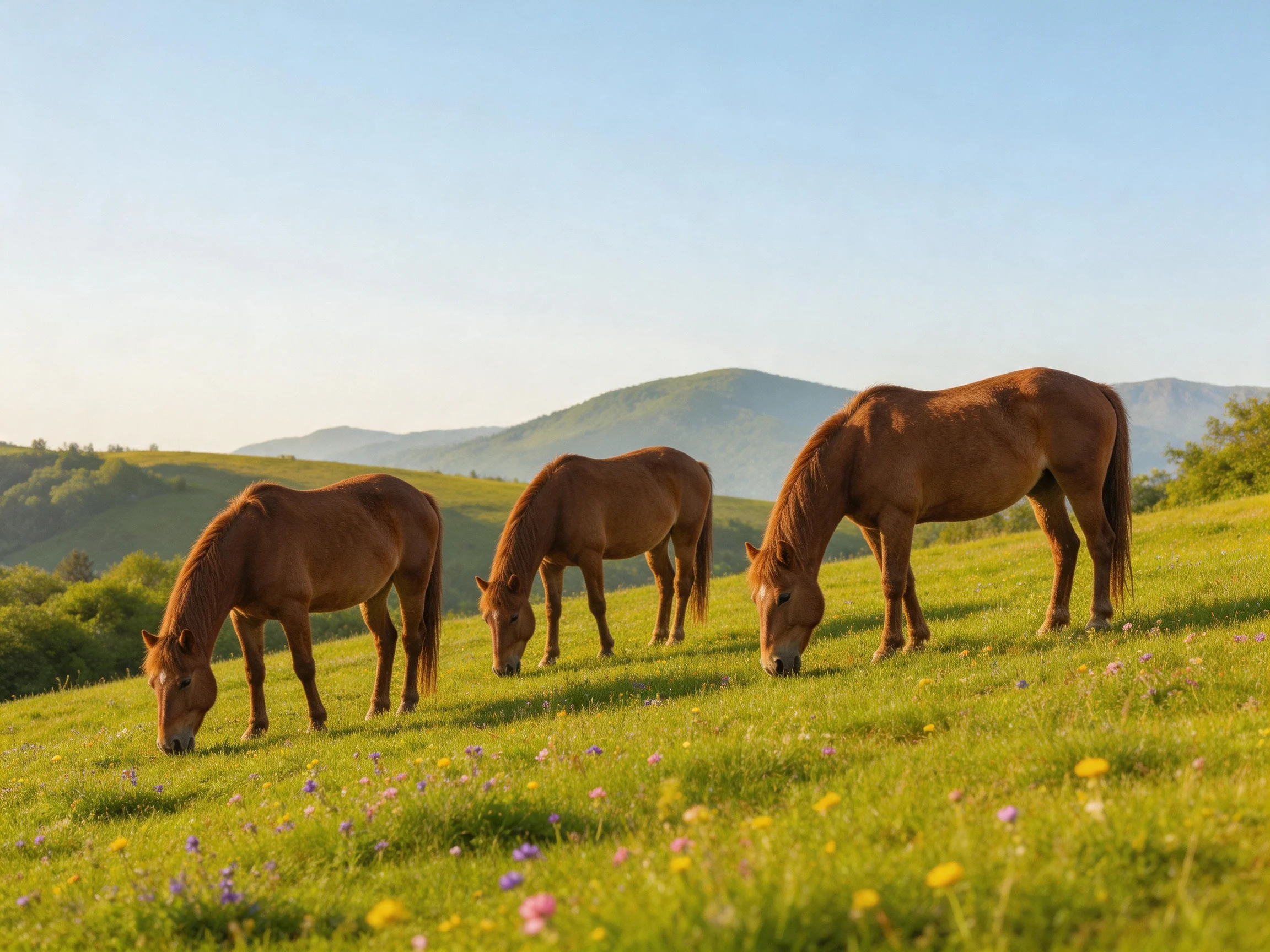 Three horses graze in a colorful mountain meadow.