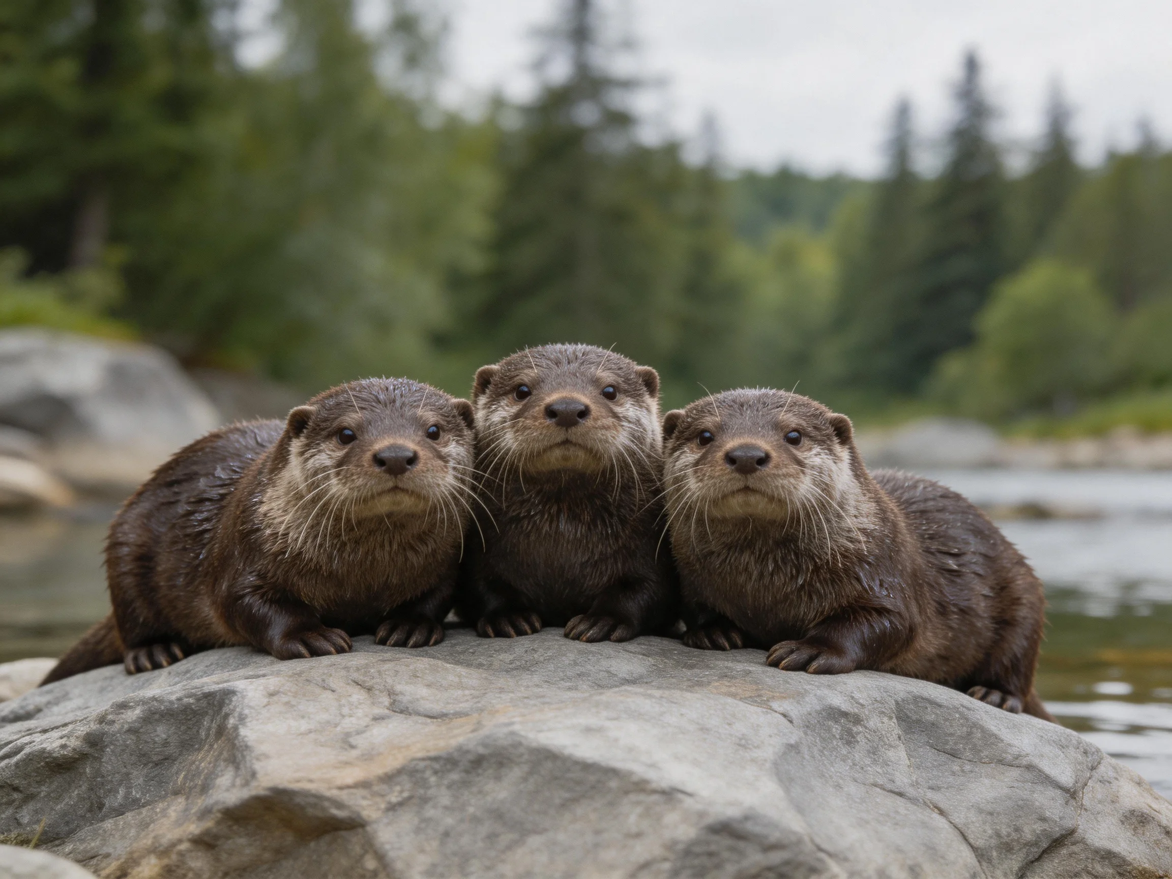 Three dark brown otters rest together on a large gray rock by a stream