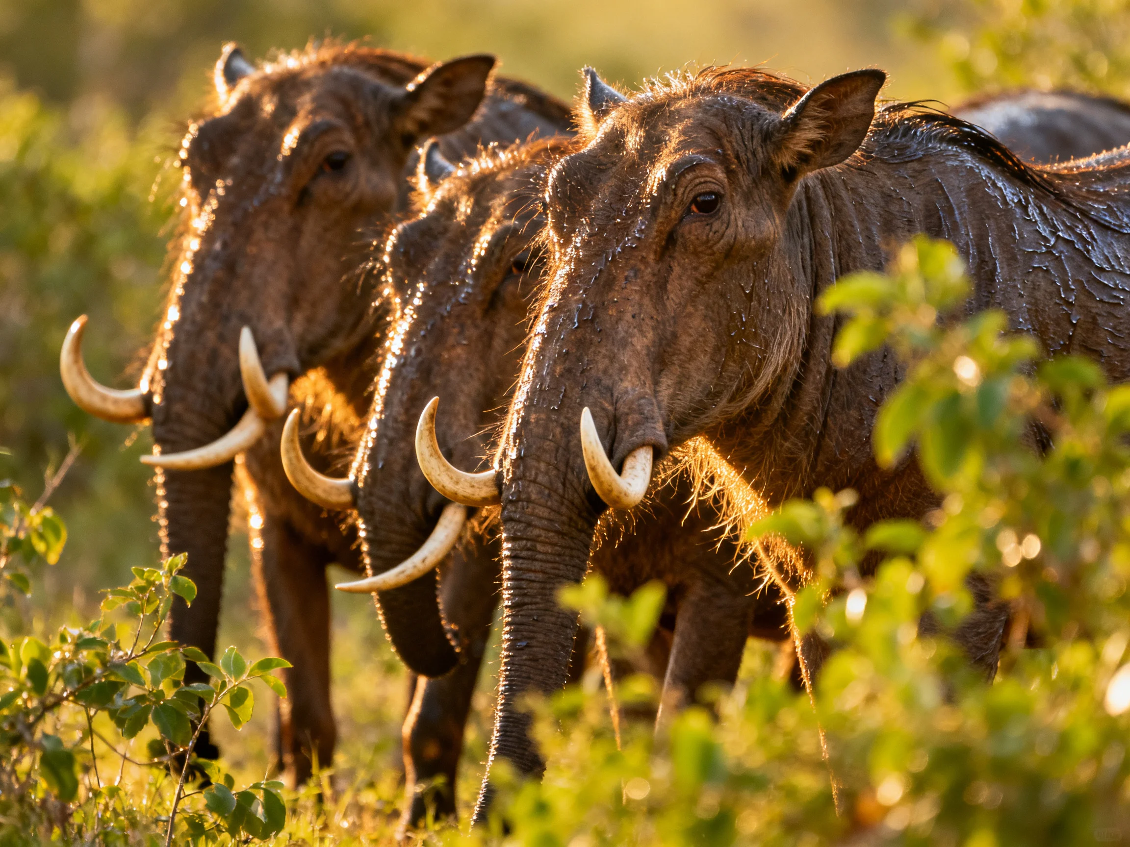 Three dark brown warthogs with long tusks in lush greenery