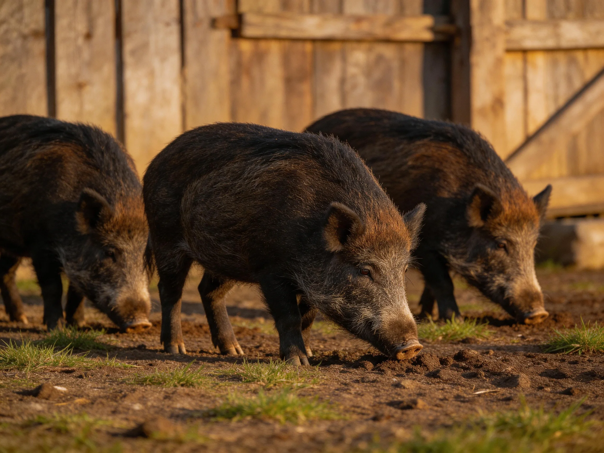 Three dark-coated boars forage near a weathered wooden barn