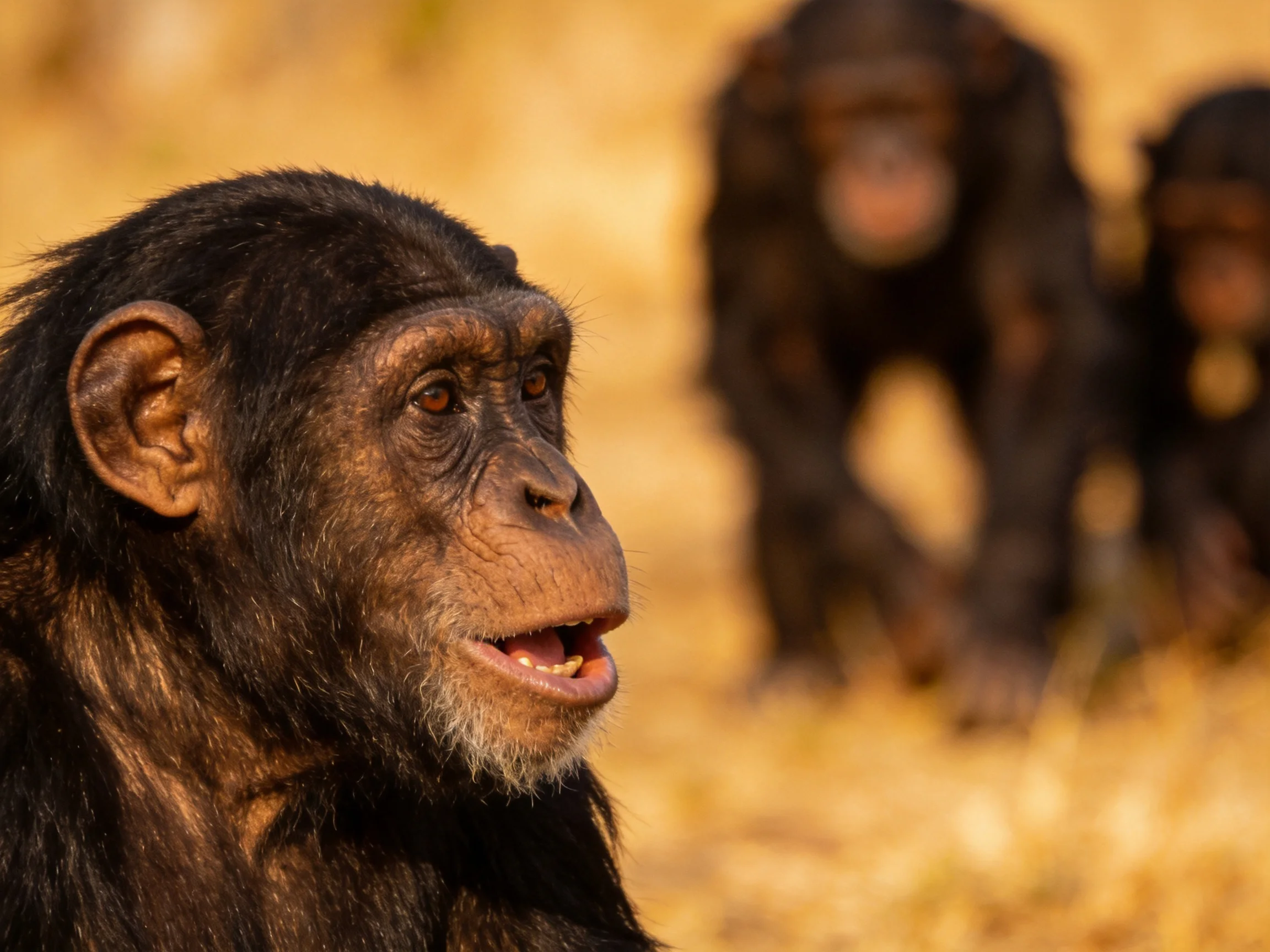 Three chimpanzees are in a sunlit savannah setting.