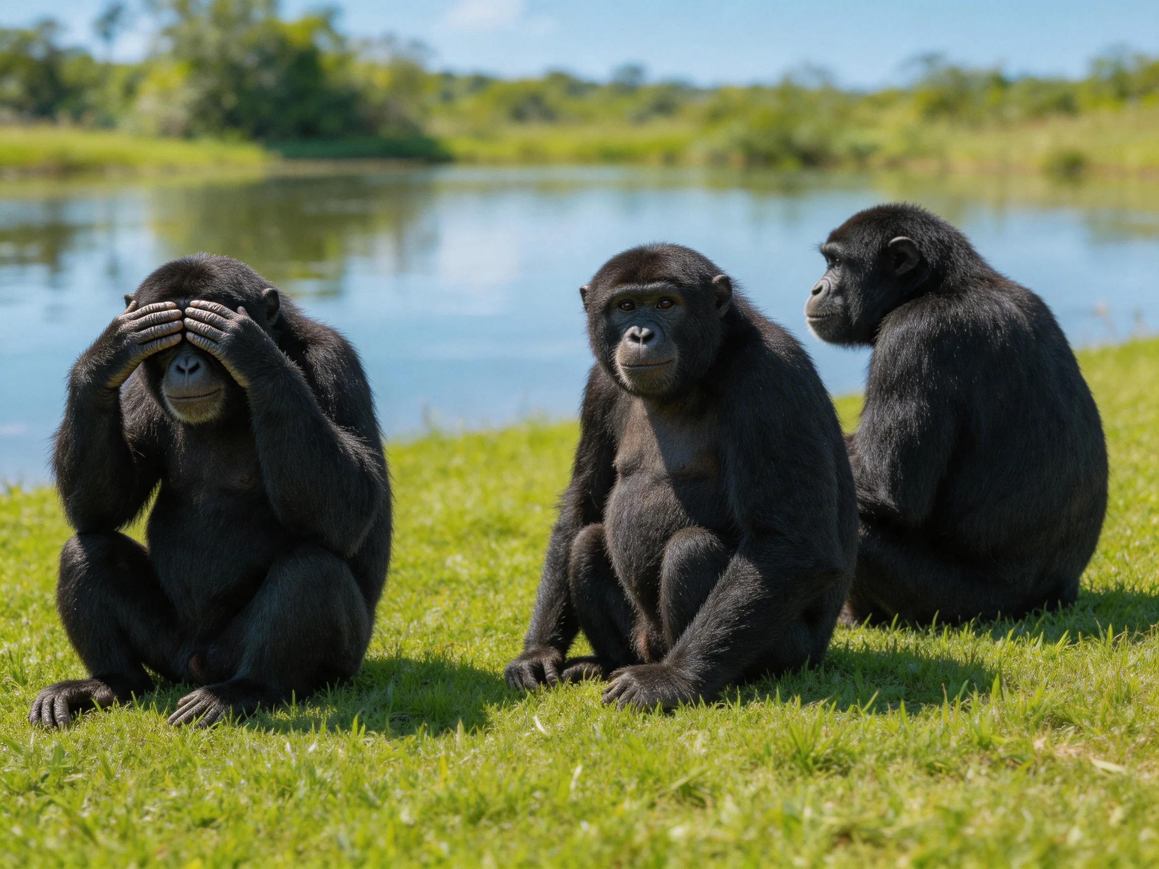 Three dark-furred primates rest on green grass beside a calm blue river