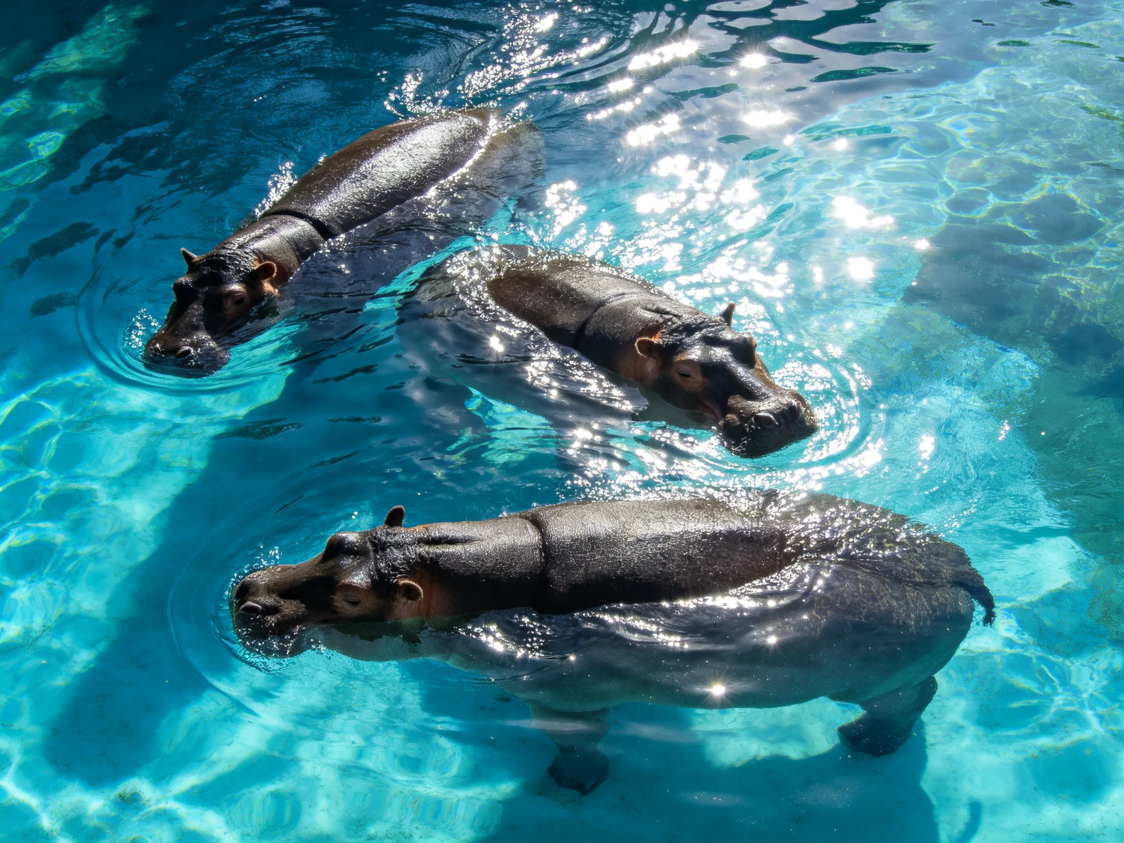 Three hippos swim together in a bright blue aquatic setting.