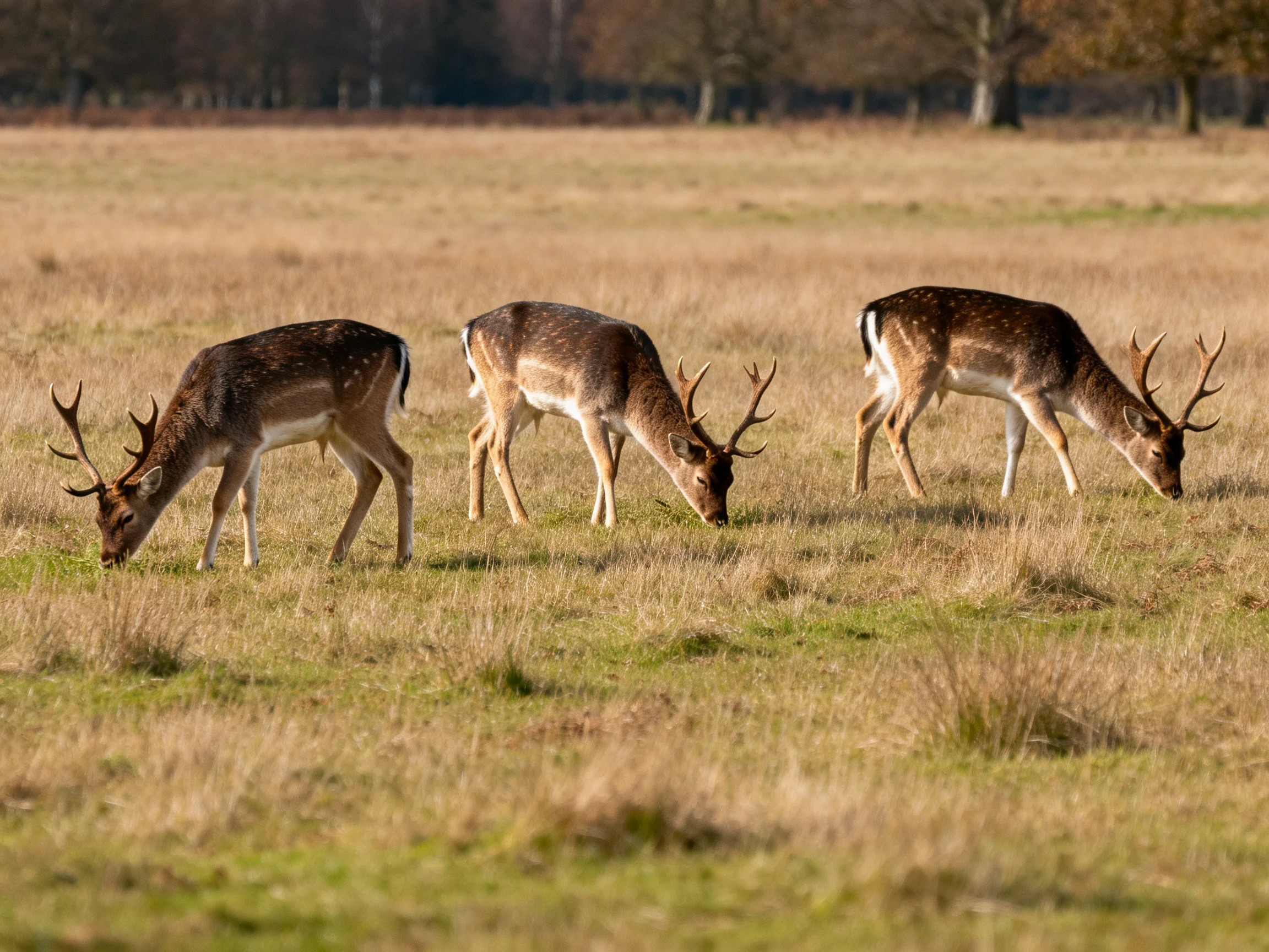 Three deer graze in a golden-hued open meadow with trees behind