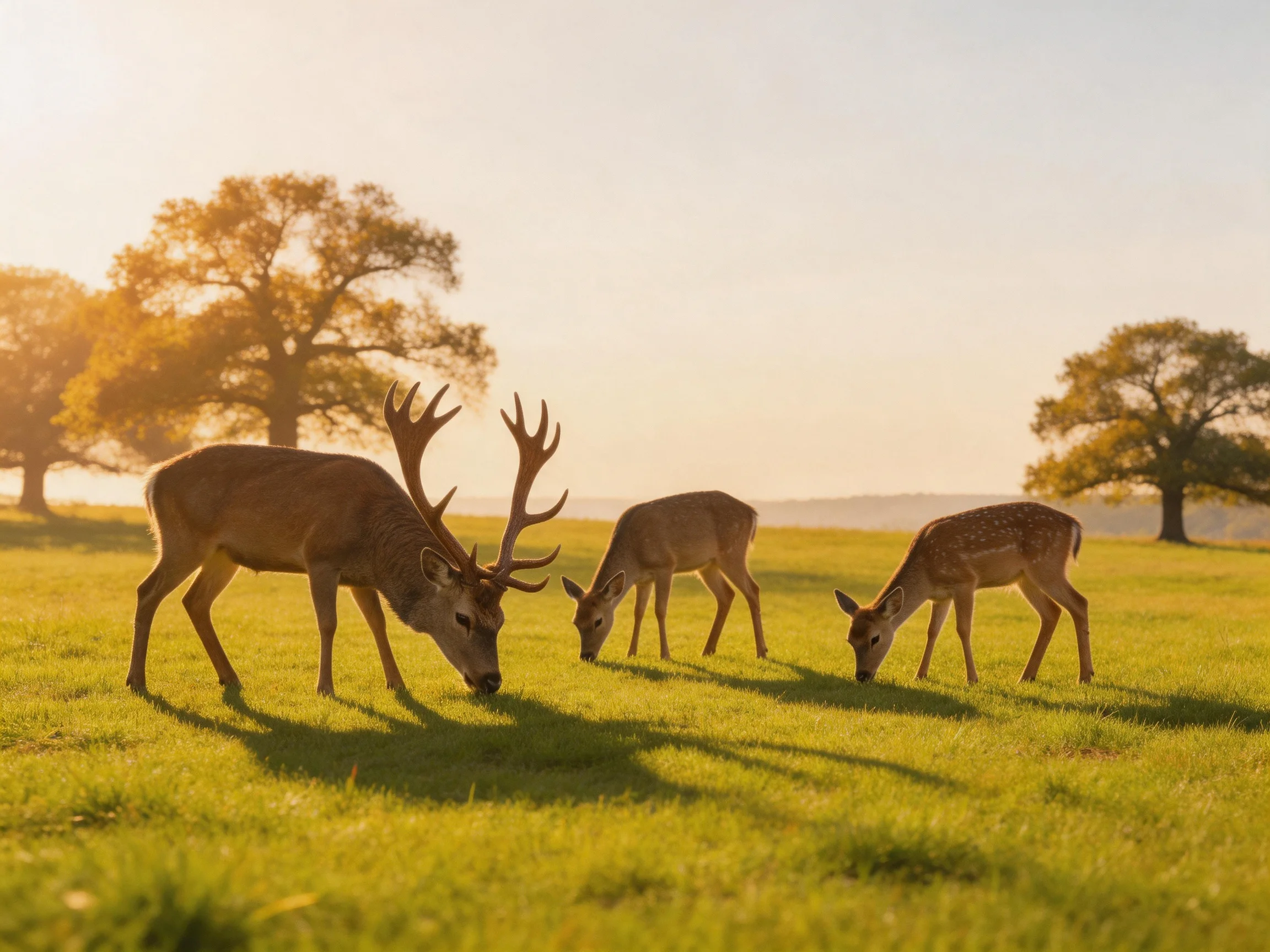 Three deer graze in a sunlit meadow with large trees.