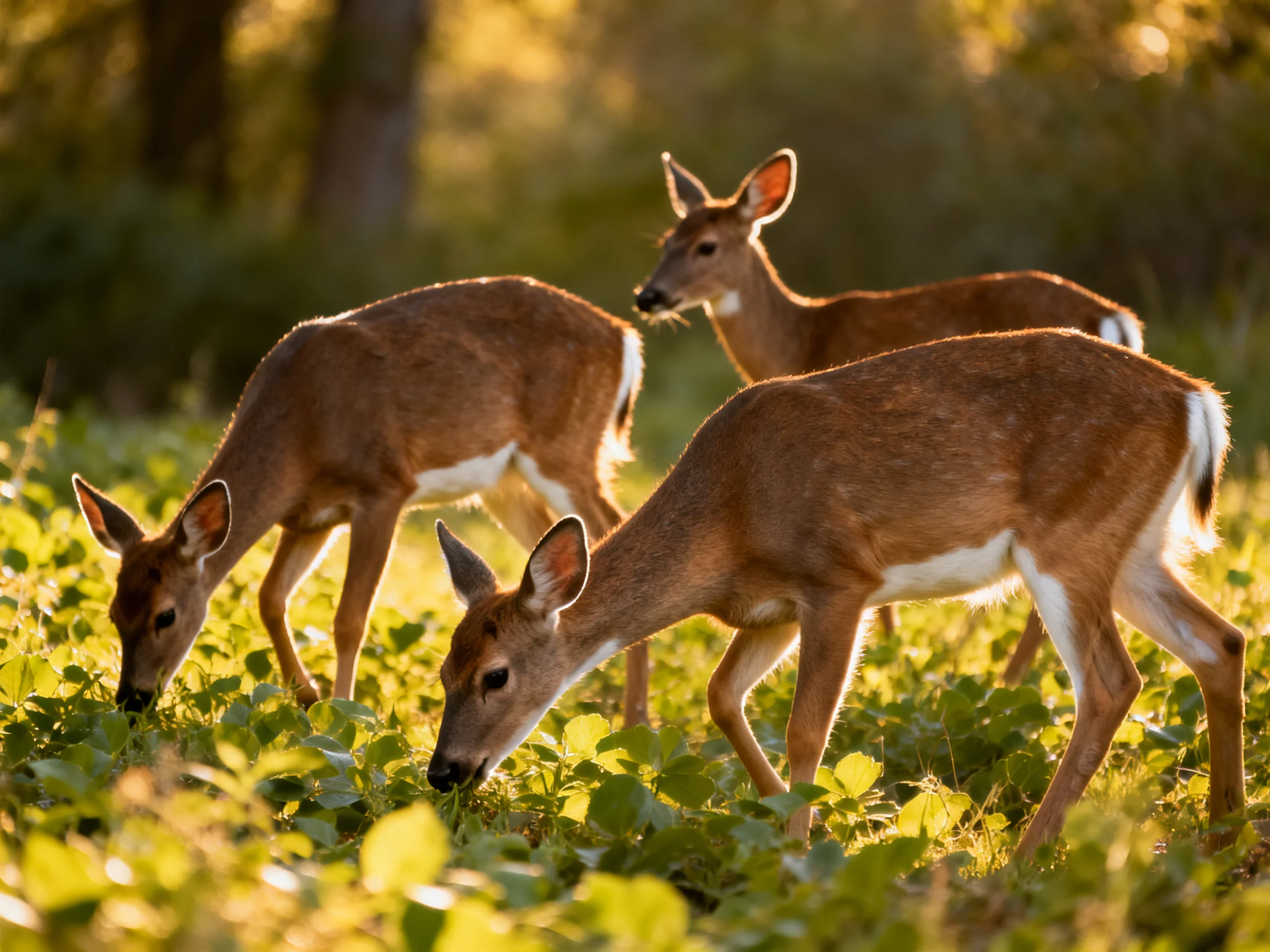 Three deer feed amid lush greenery in a sunlit woodland area