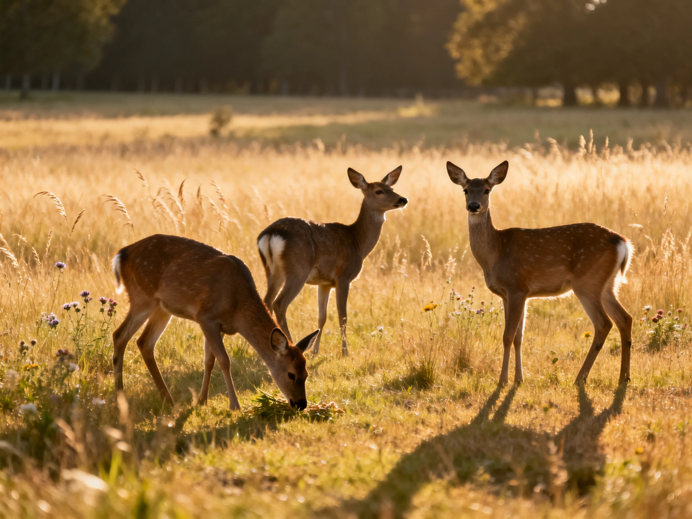 Three deer graze and stand in a sunlit open field with tall grass