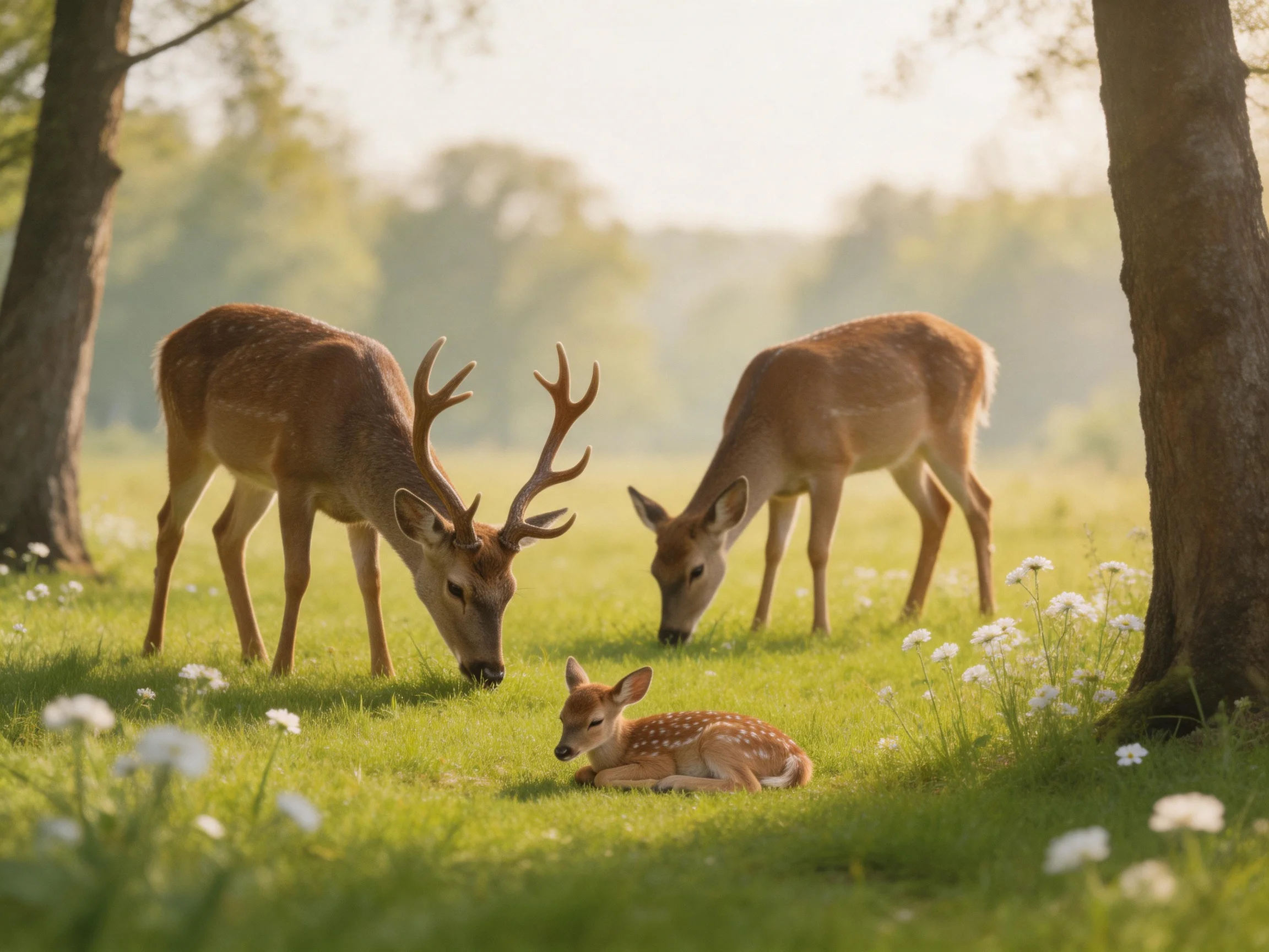 Three deer graze in a sunlit meadow with a resting fawn