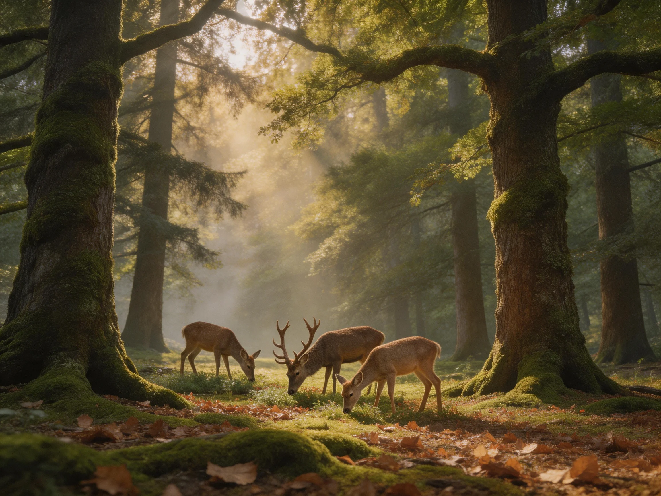 Three deer graze in a sunlit forest with tall, mossy trees.