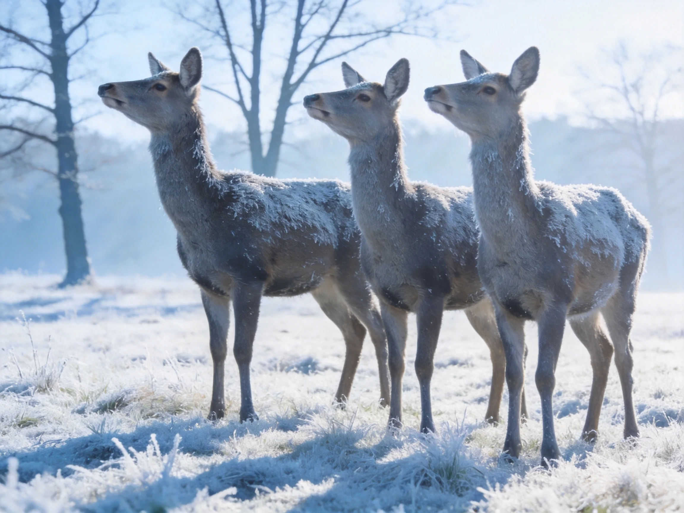 Three deer in a frost-dusted winter meadow with bare trees