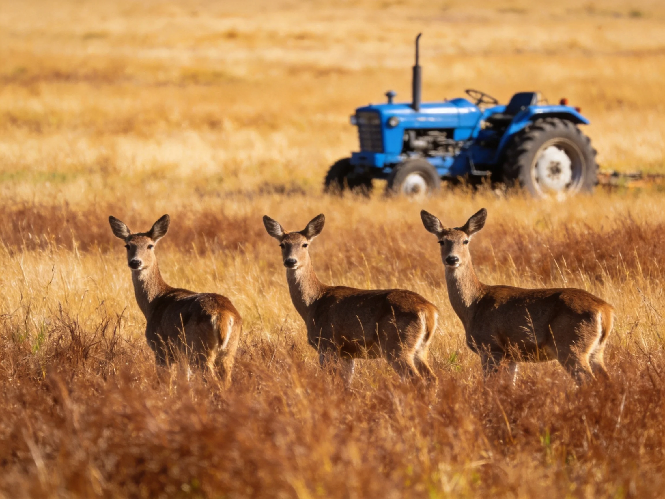 Three deer stand in a golden field with a blue tractor in the background.