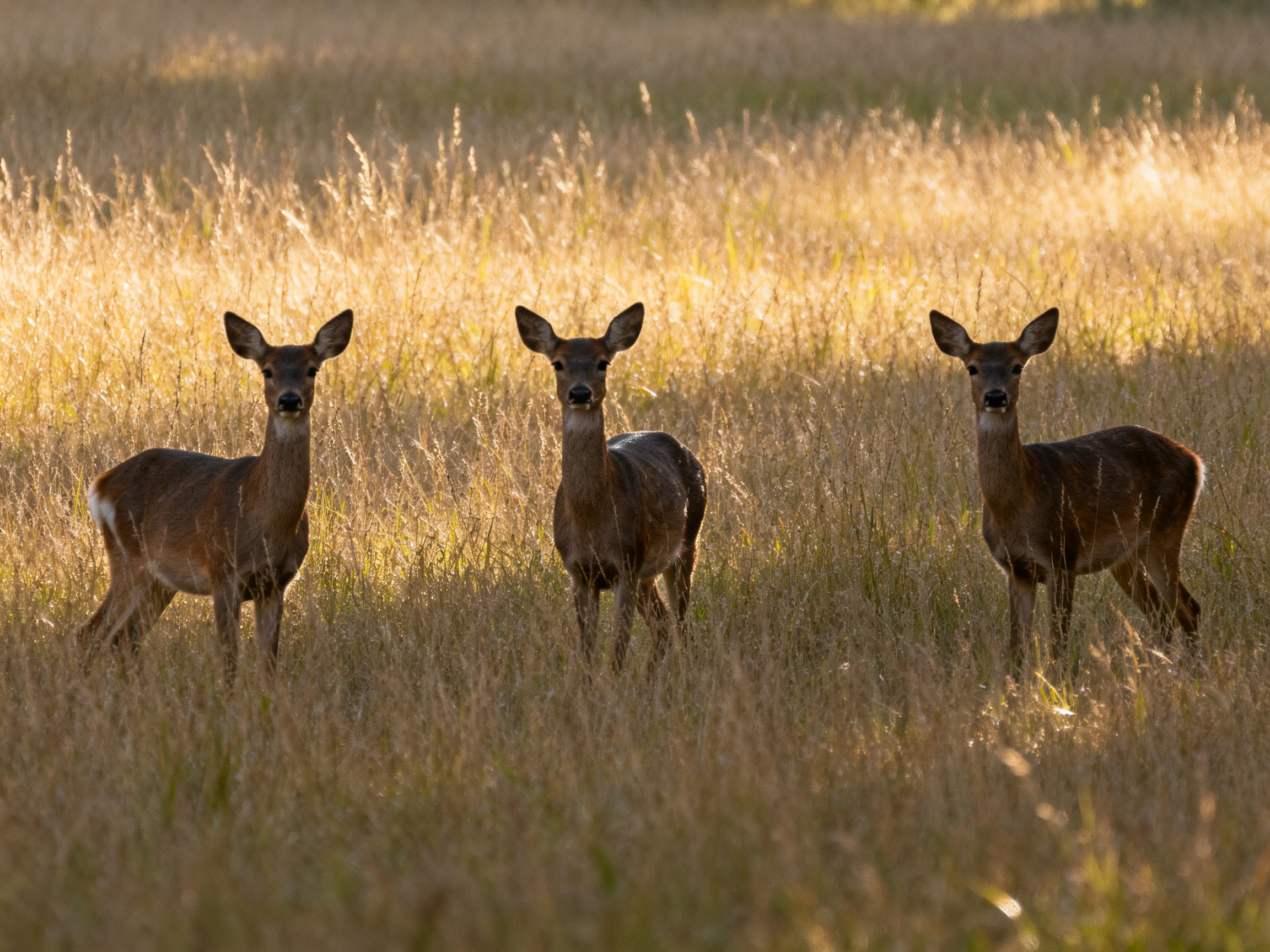 Three deer stand in a sunlit grassy field.