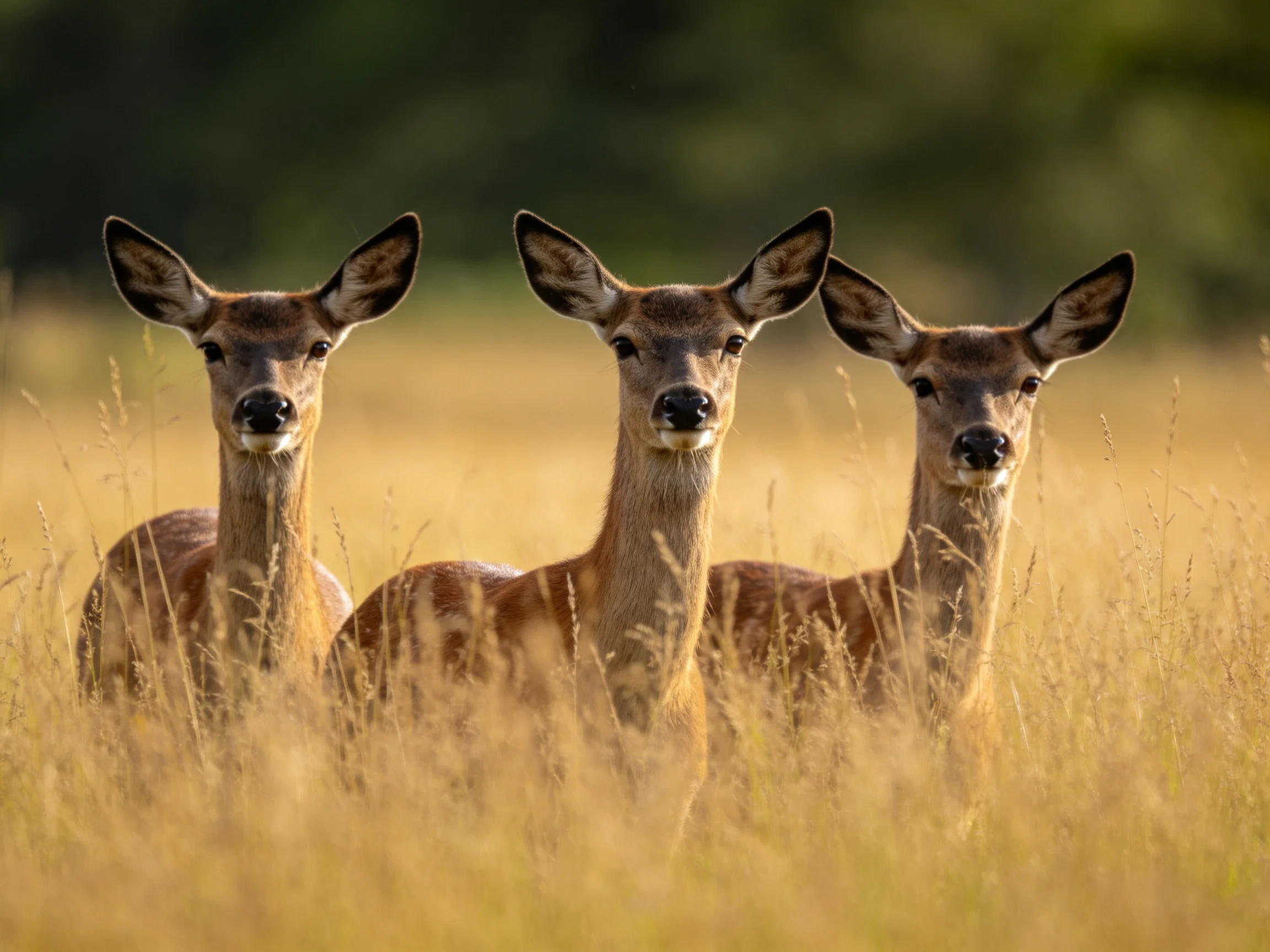Three deer in tall golden grass with dark green backdrop