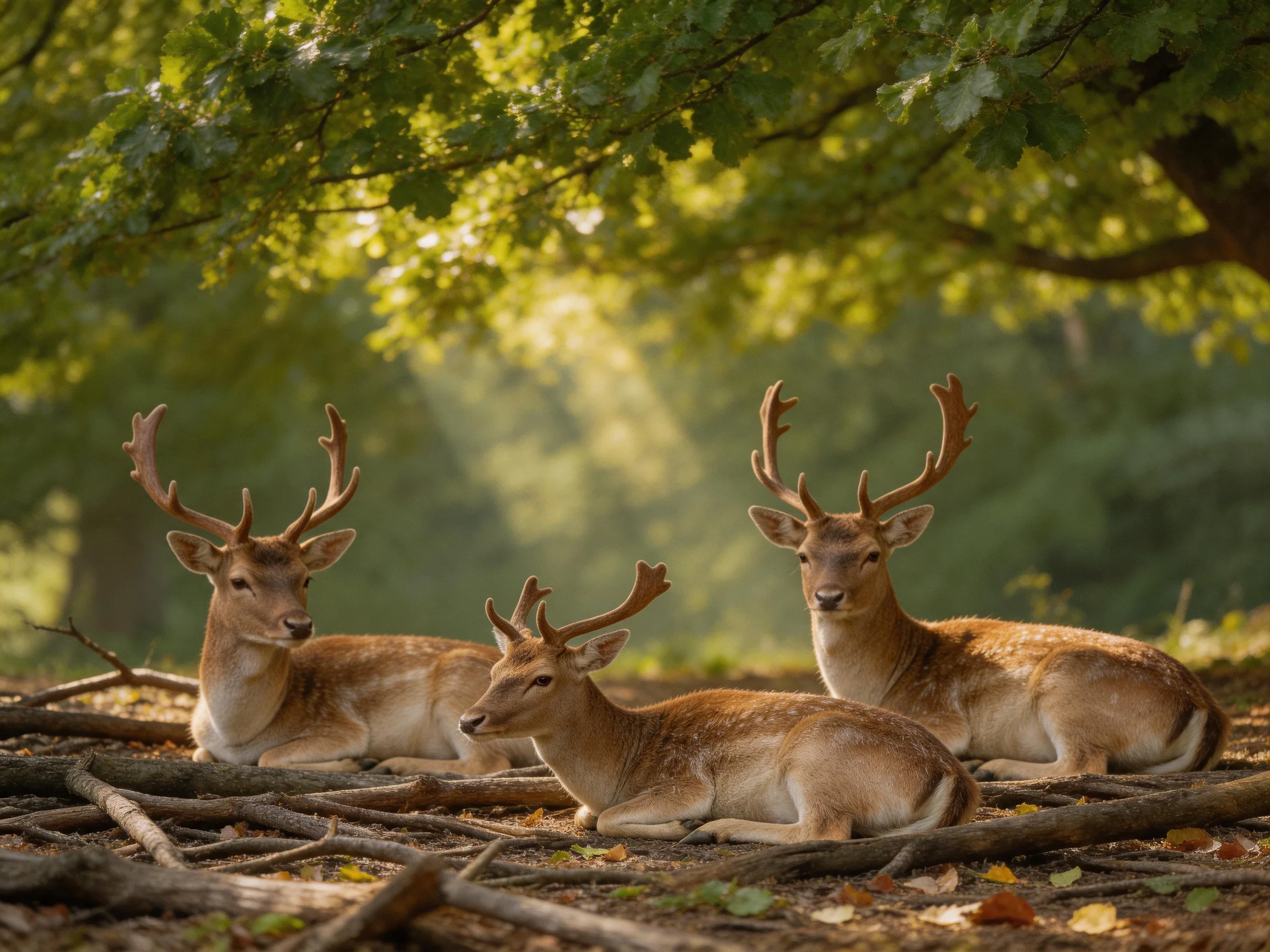 Three deer rest amid fallen branches in a sun-dappled forest