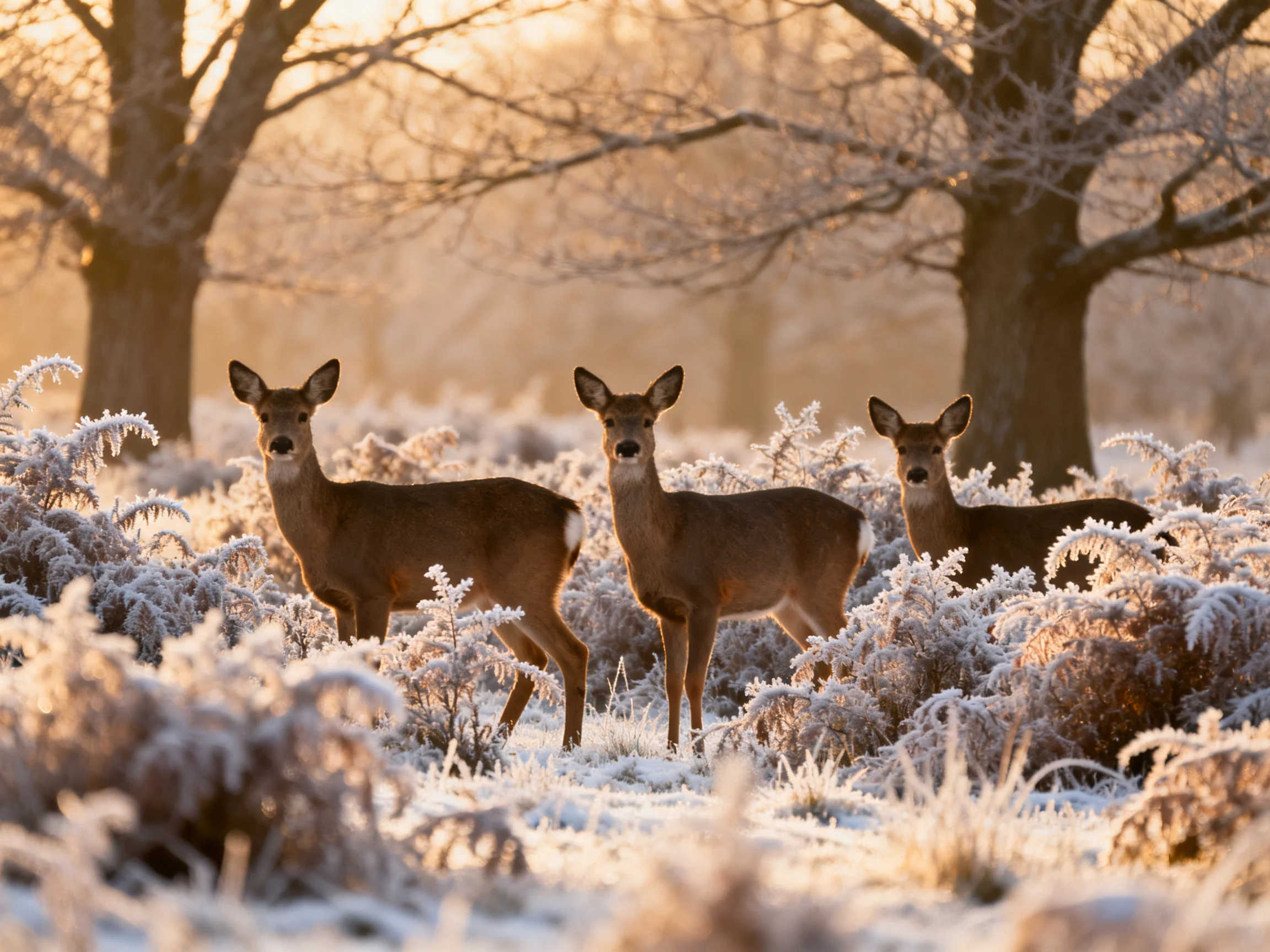 Three deer stand amid frost-covered bushes near large trees in golden light