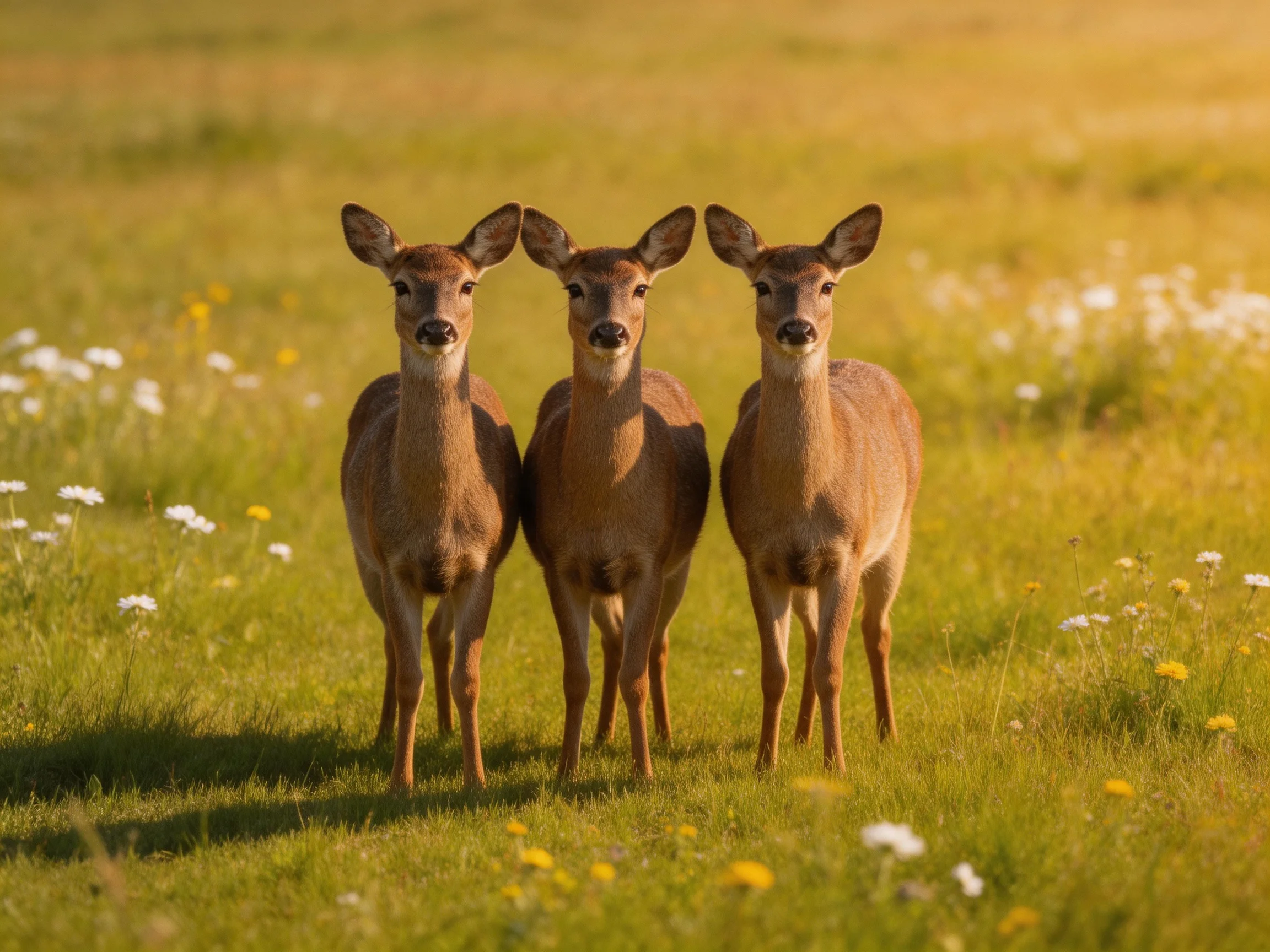 Three deer gather closely in a sunlit meadow dotted with wildflowers.