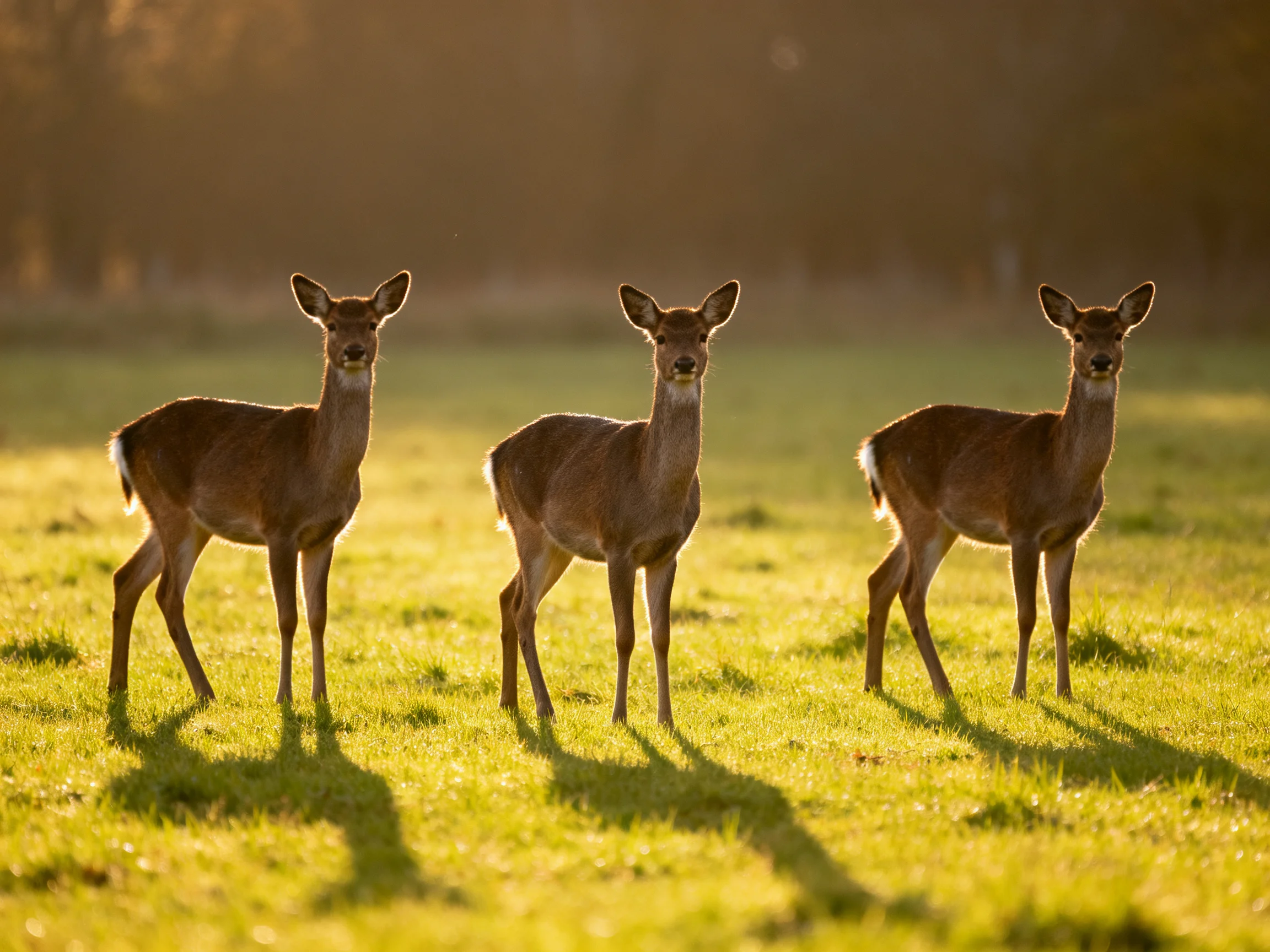 Three deer gather in a sunlit meadow during golden hour.