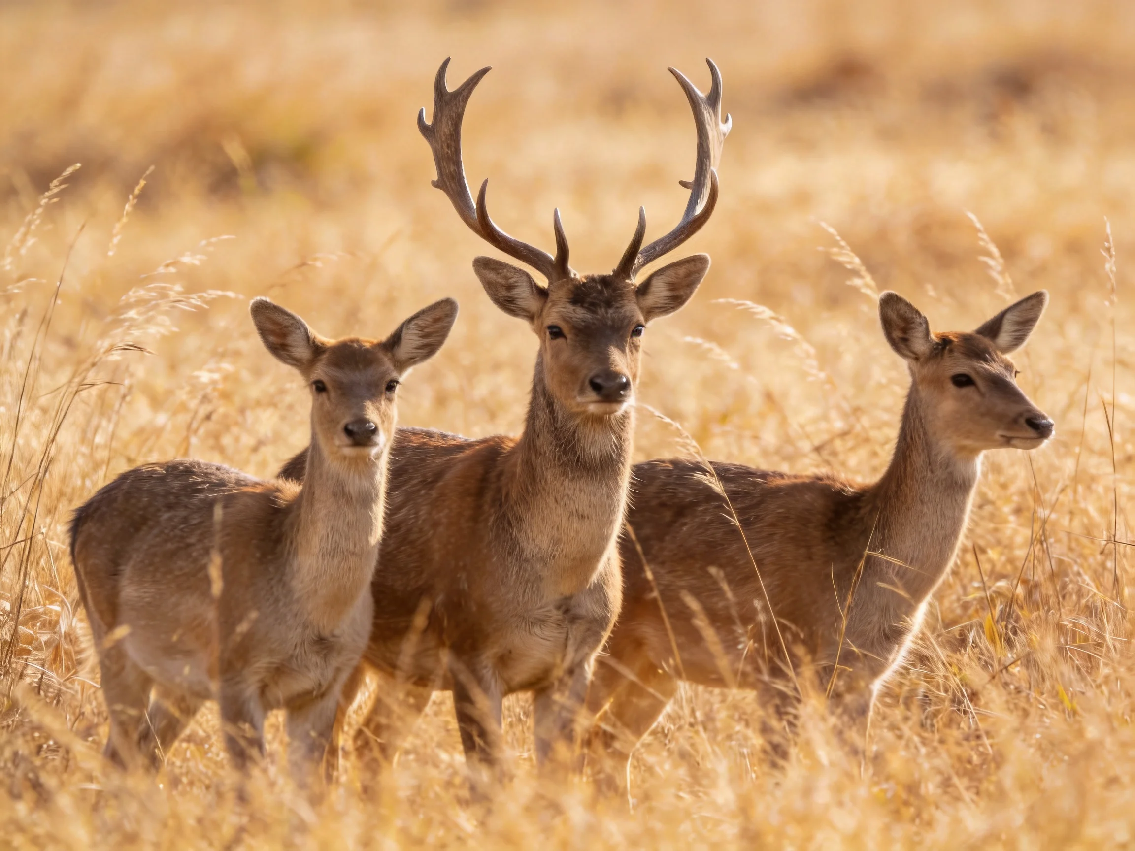Three deer with antlers in a golden grassland