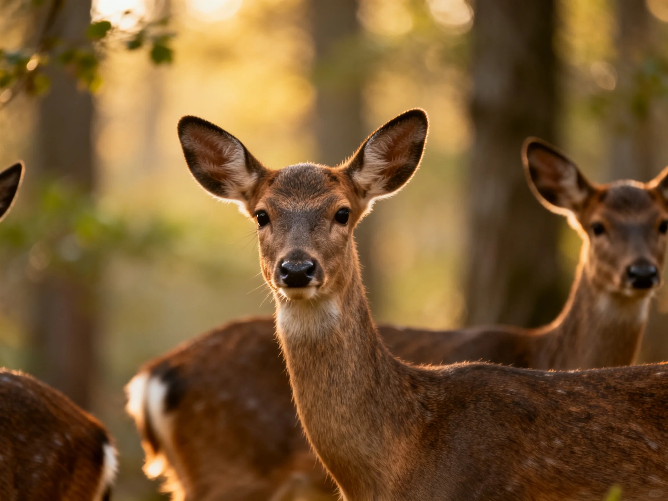 Three deer with brown coats in a sunlit forest environment