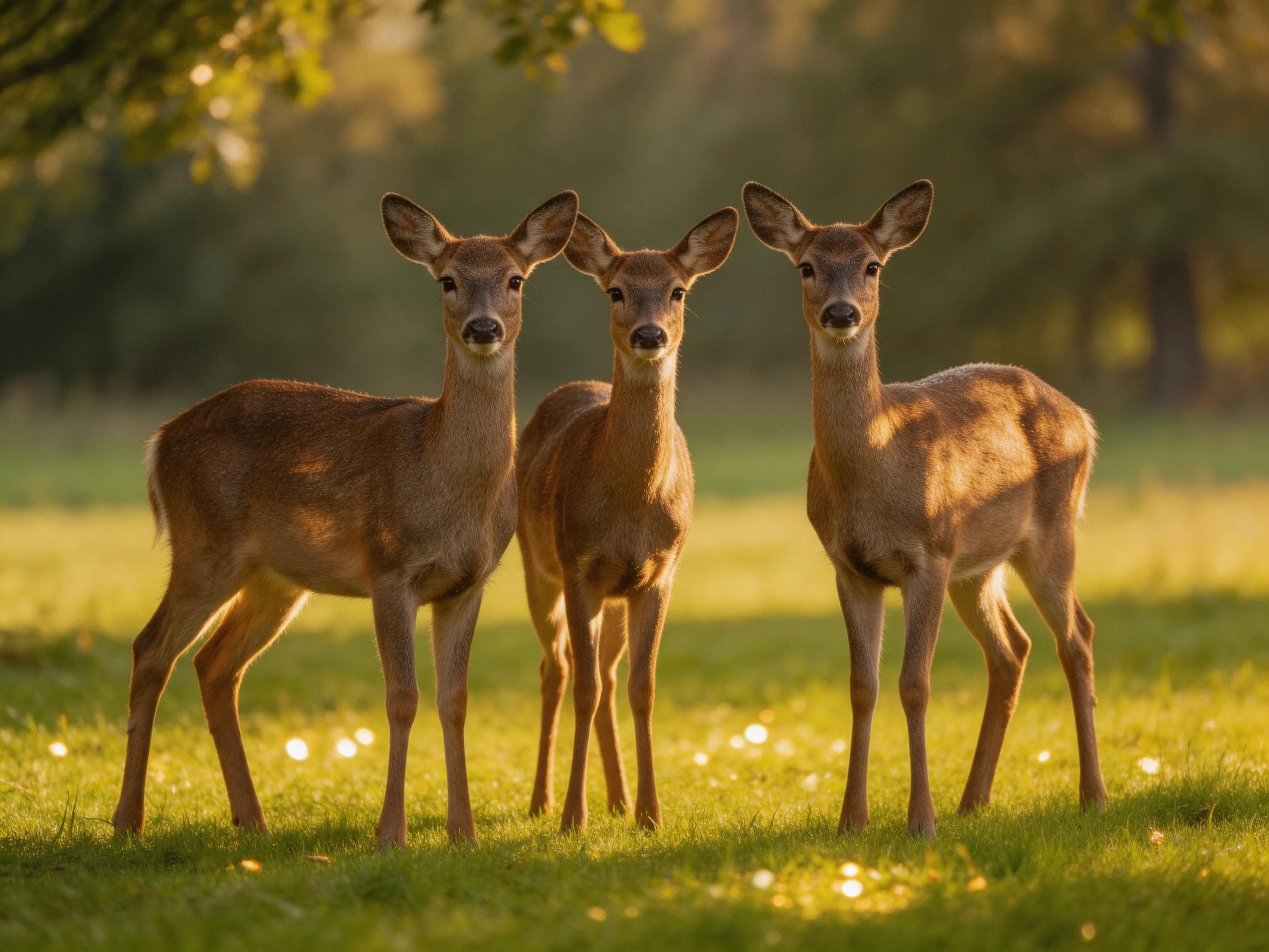 Three deer with brown coats in a sunlit meadow