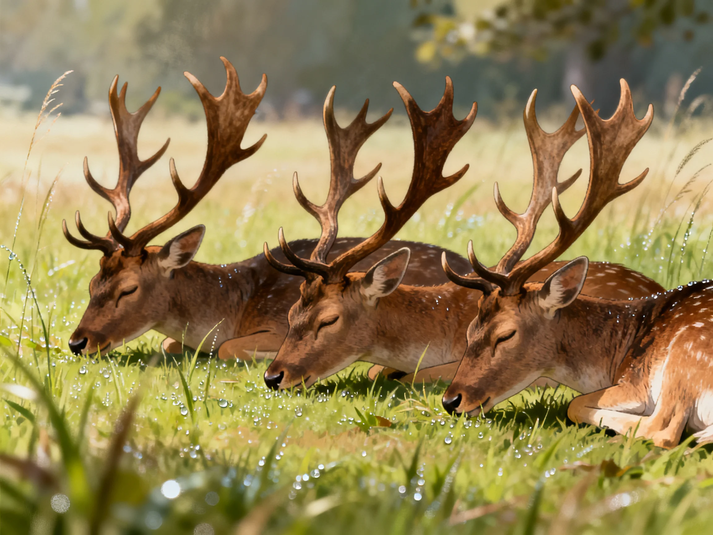 Three deer with antlers rest together in a sunlit meadow.