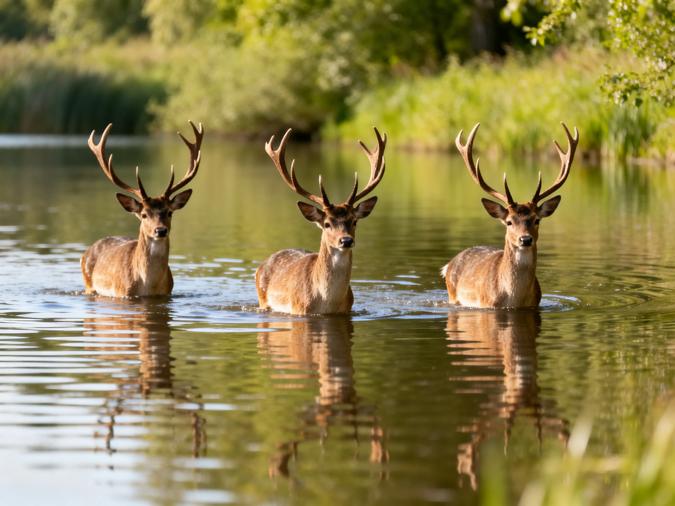 Three deer with large antlers wade through calm greenish water