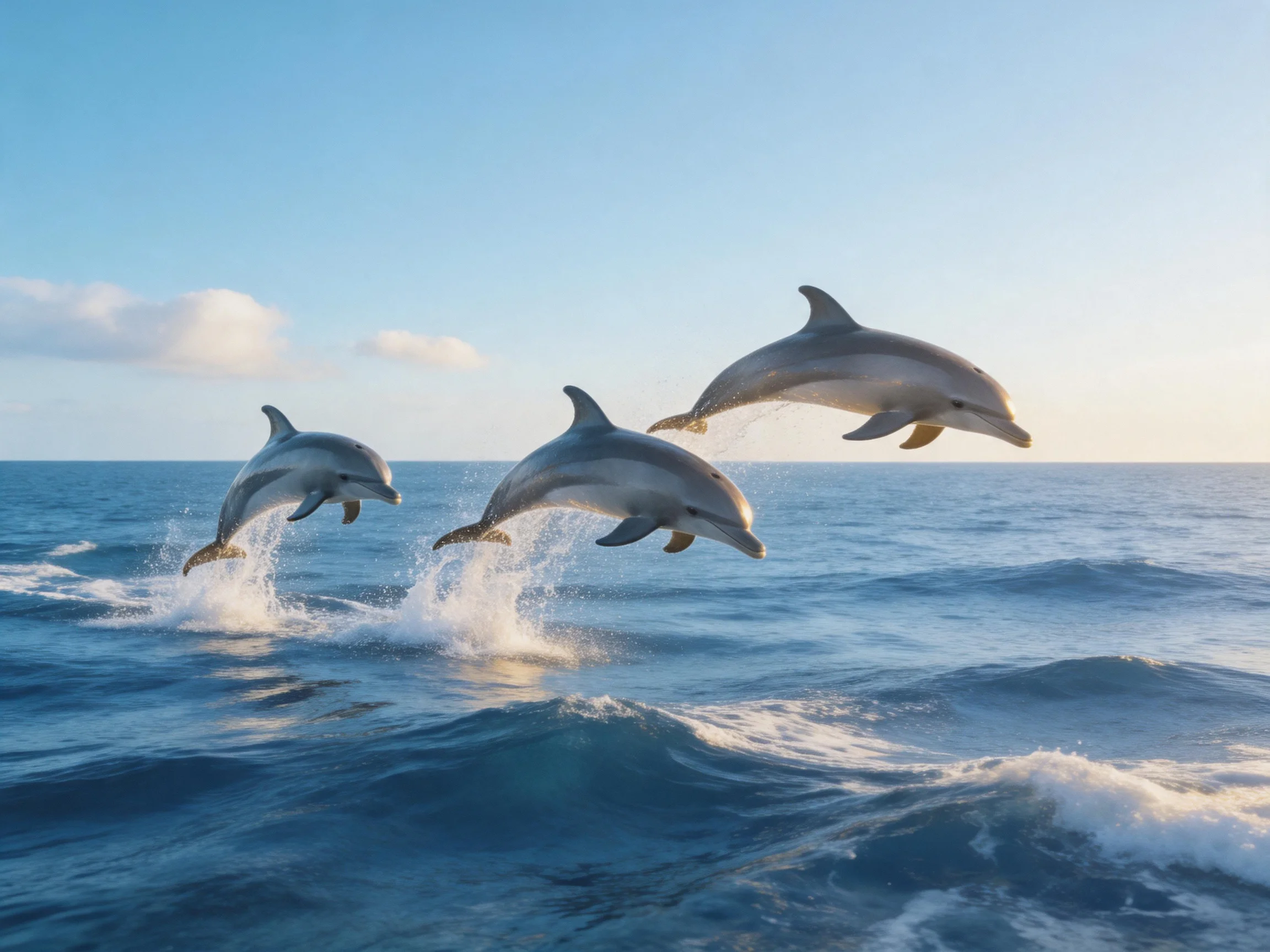 Three dolphins leap above the blue ocean waves