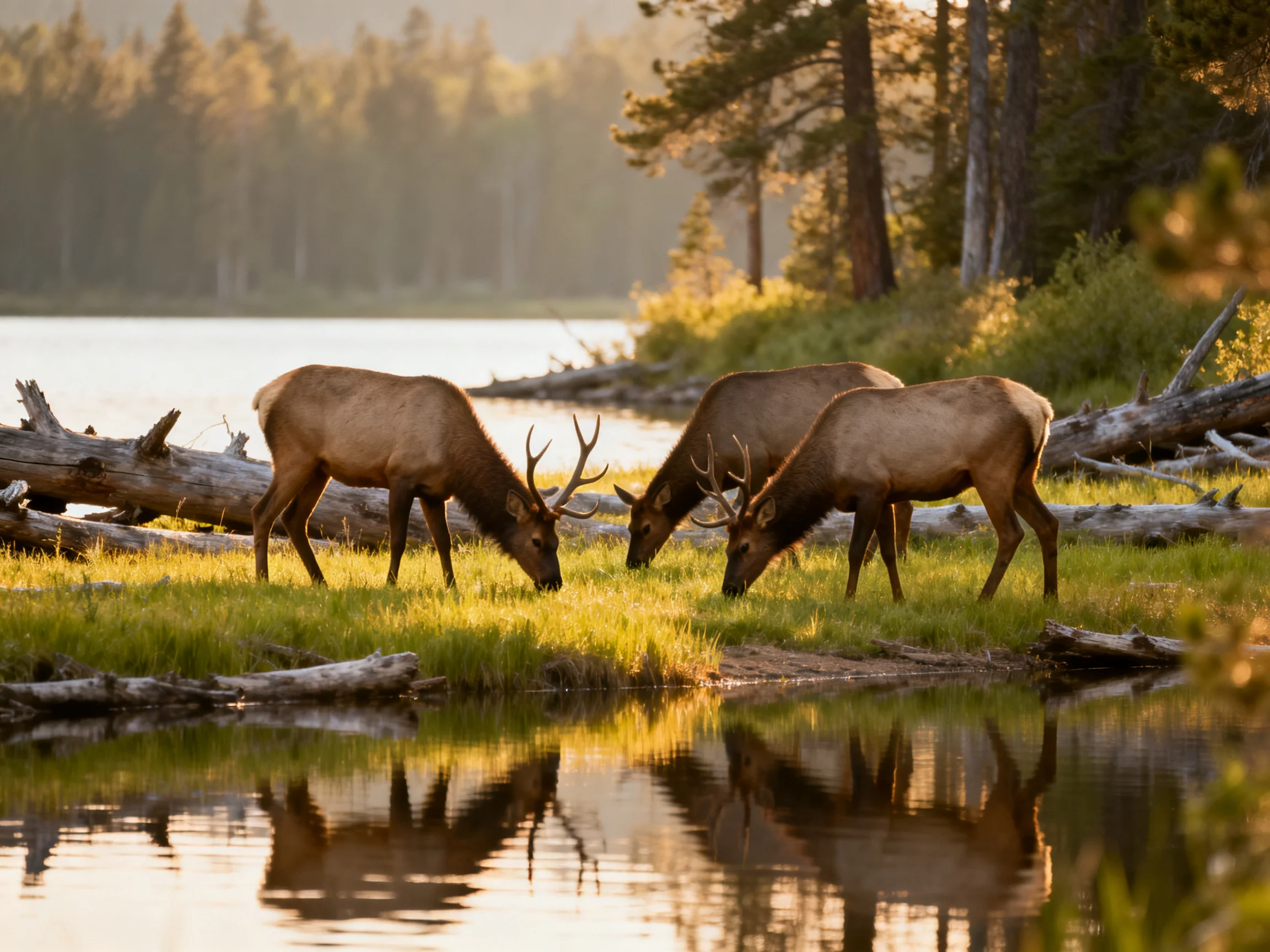 Three elk graze by a serene lakeside with golden-hour lighting