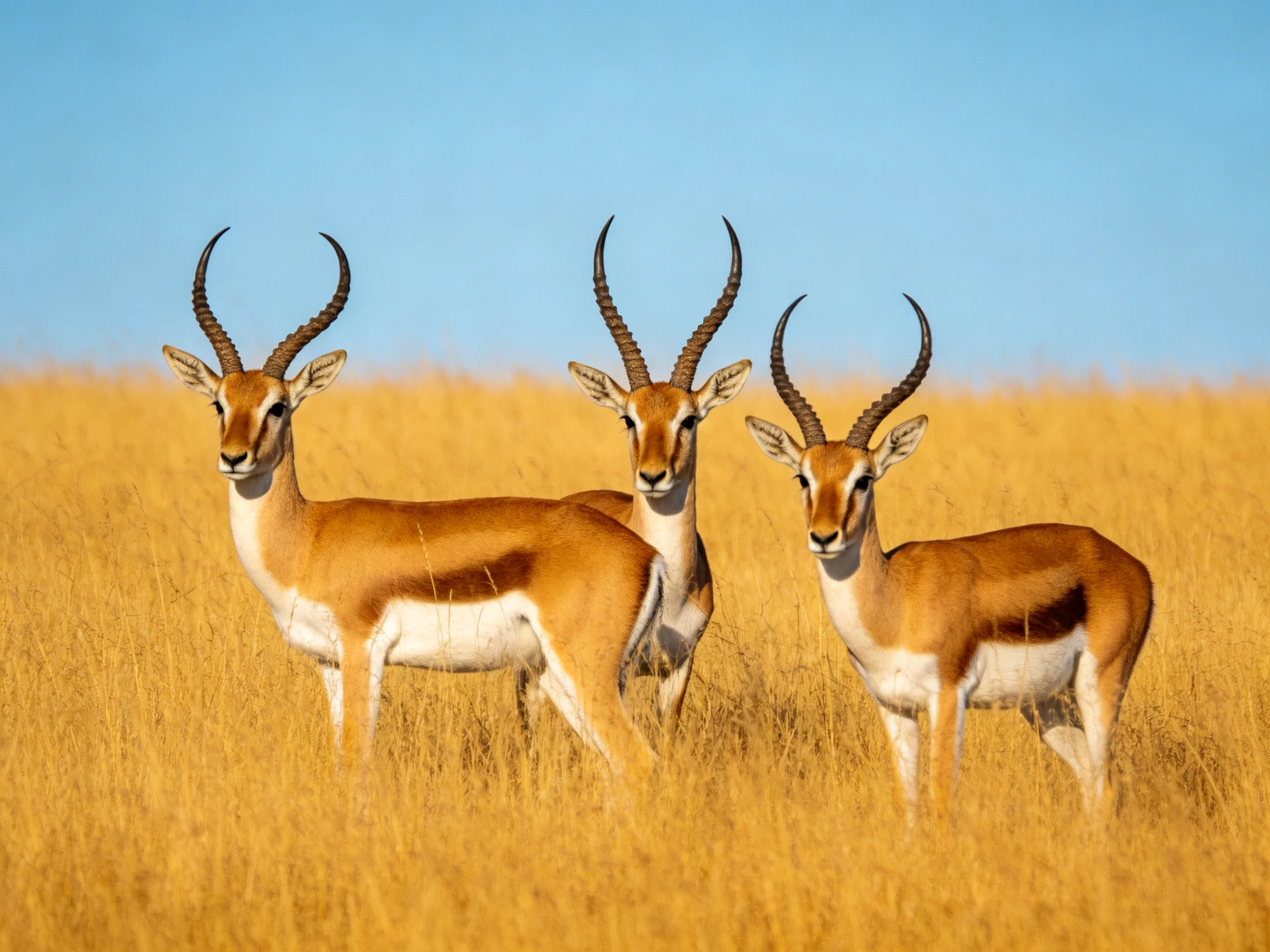Three gazelles in golden savannah grass under clear blue sky