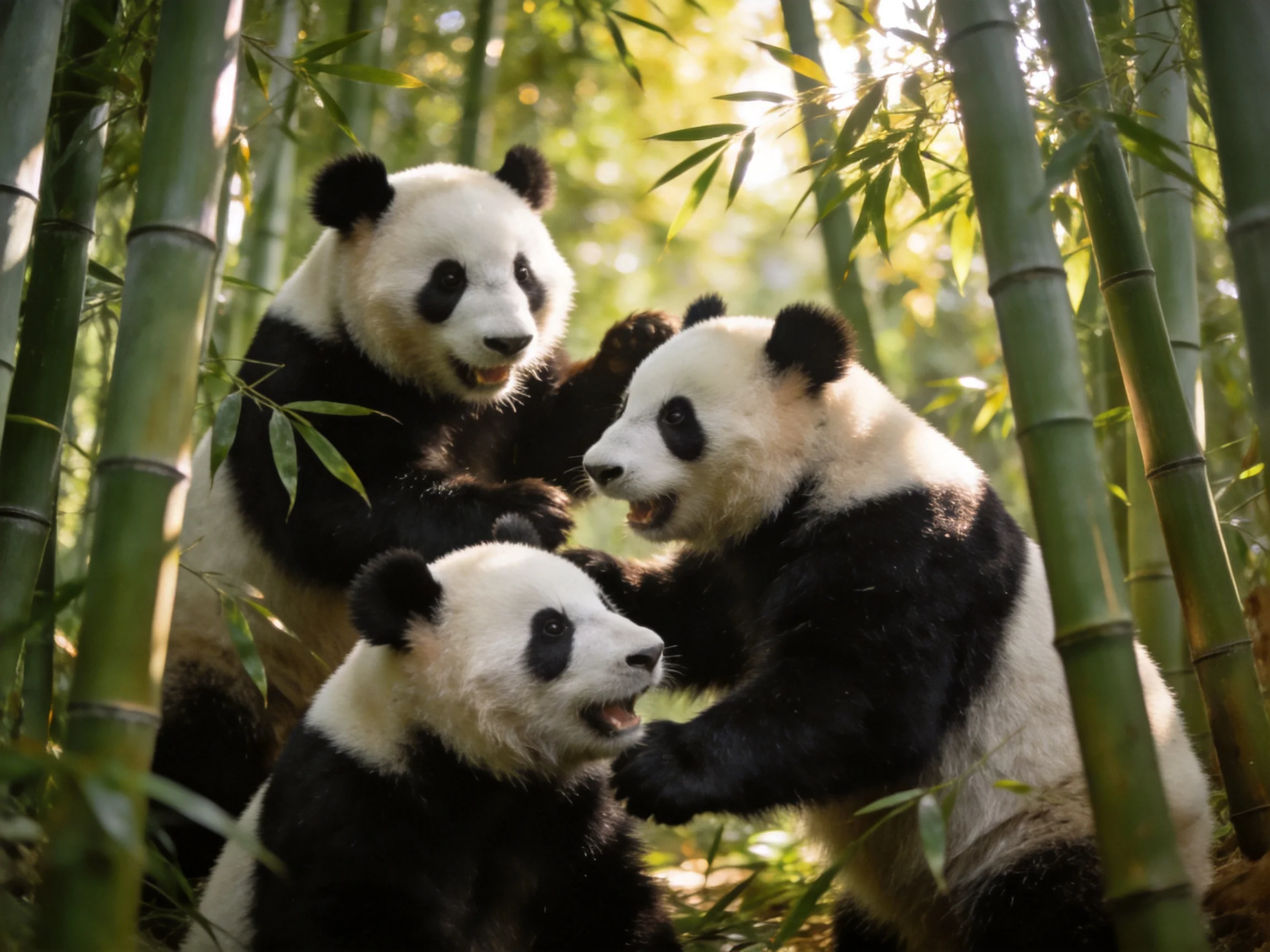 Three giant pandas playfully interacting among tall green bamboo stalks