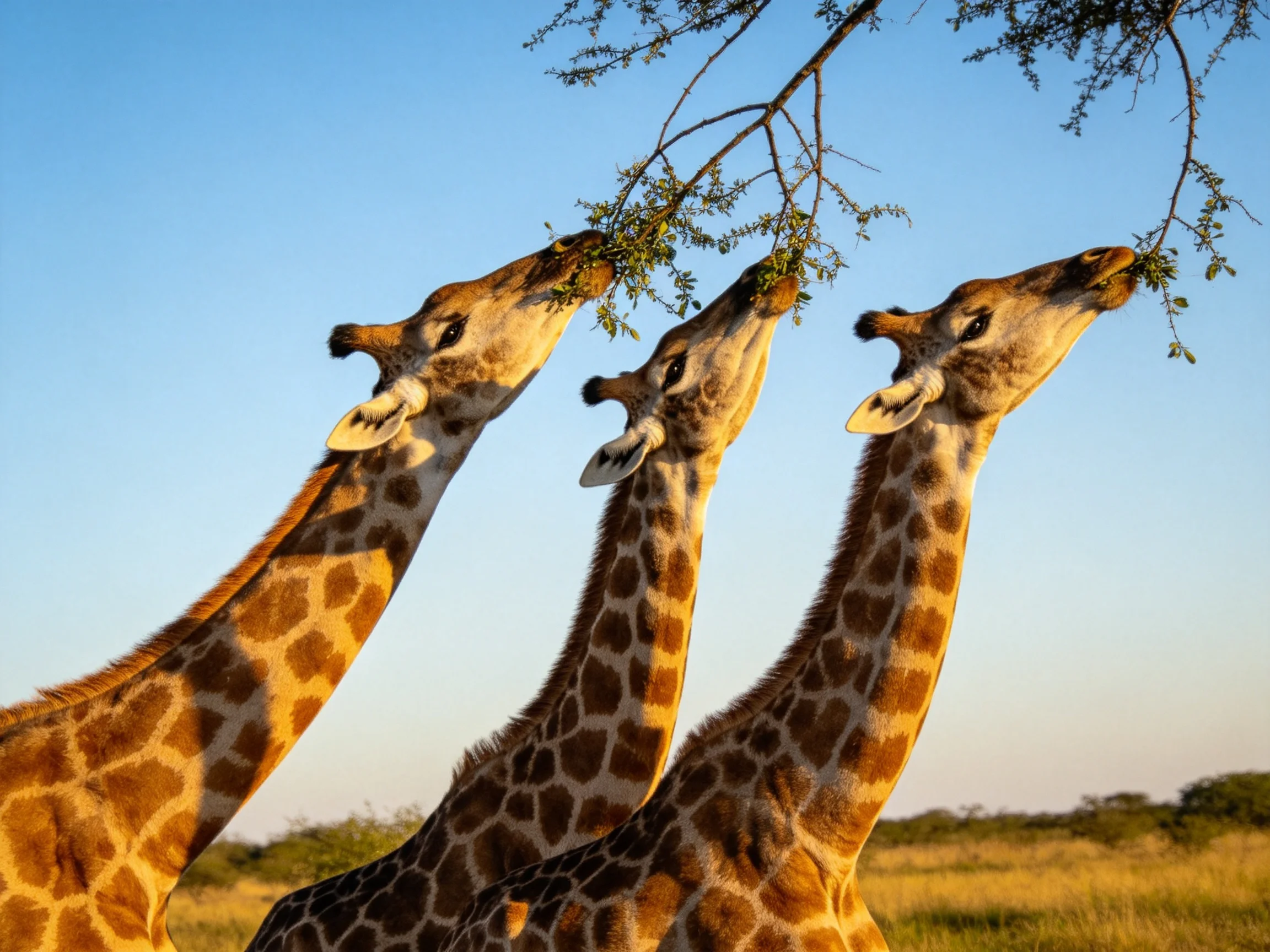 Three giraffes stretch their necks toward a leafy branch in a sunlit savannah.