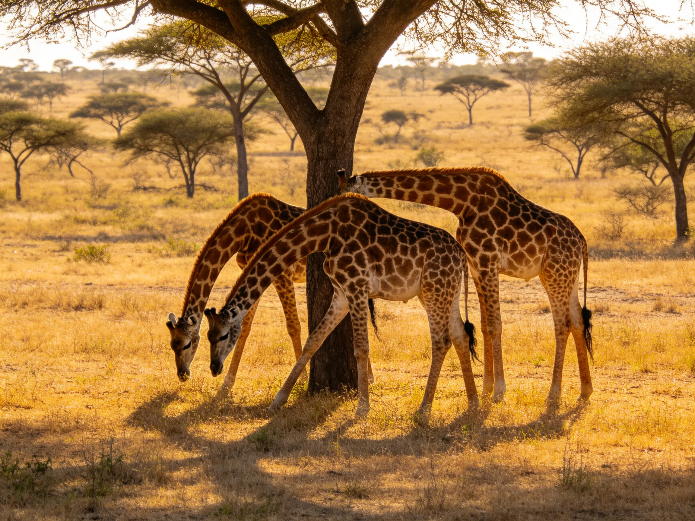 Three giraffes gather near a large acacia tree in golden savannah