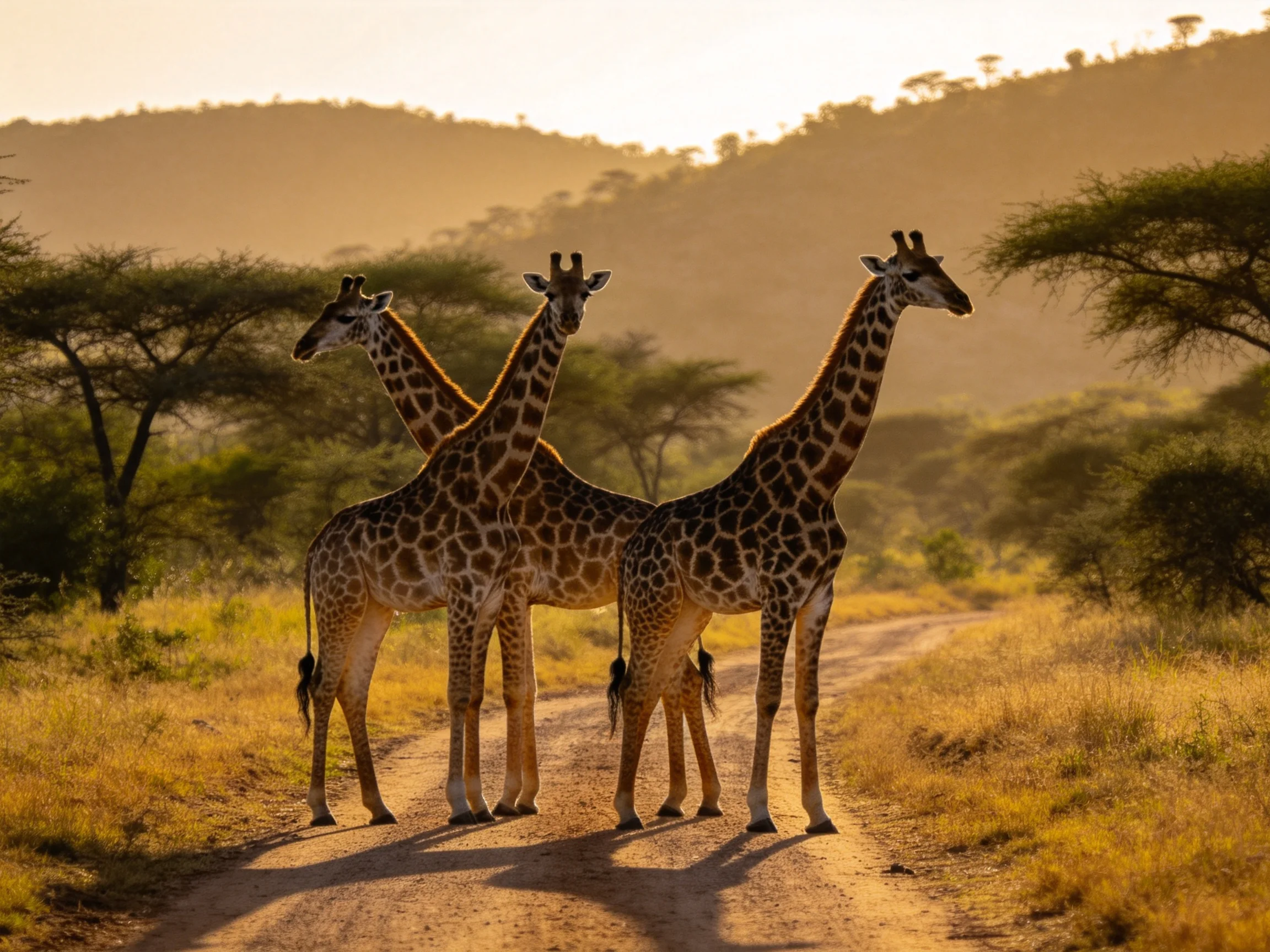Three giraffes gather on a sunlit savannah path