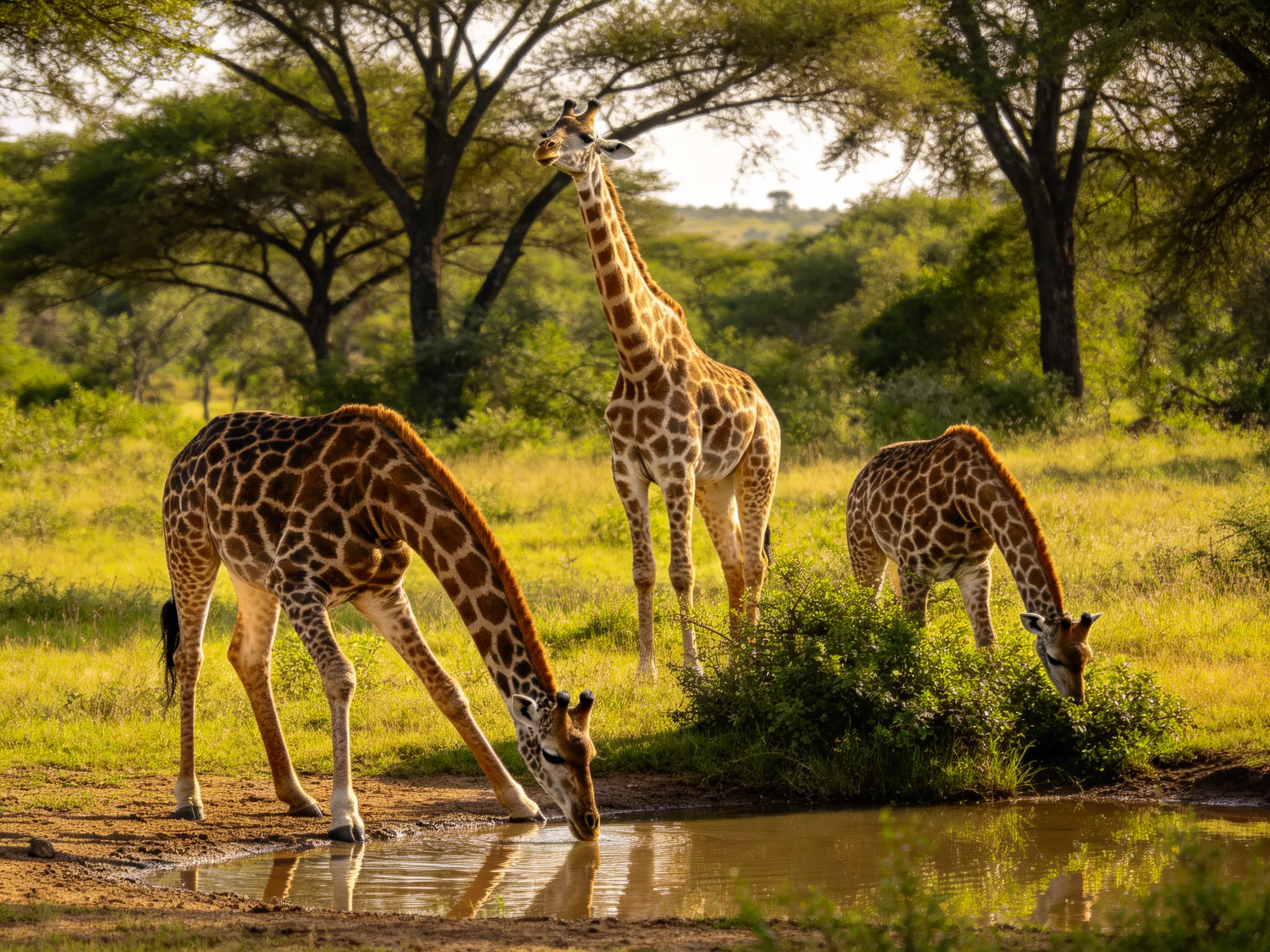 Three giraffes in a sunlit savannahnear a watering hole