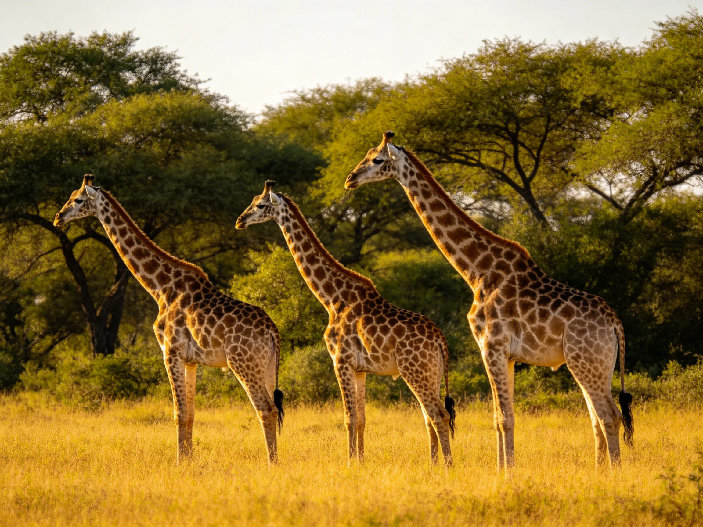 Three giraffes in golden savannah near lush green trees