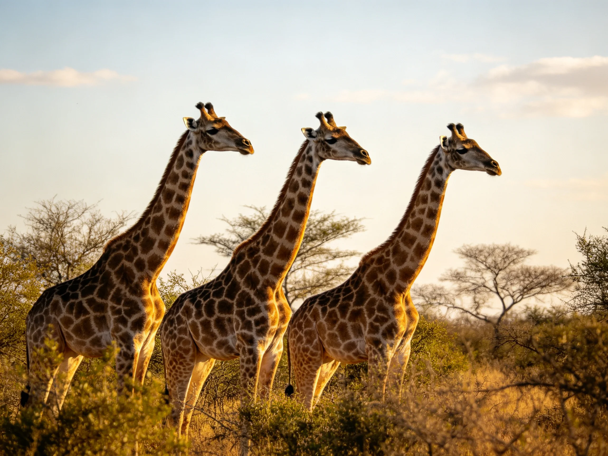 Three giraffes gather in a sunlit savannah landscape.