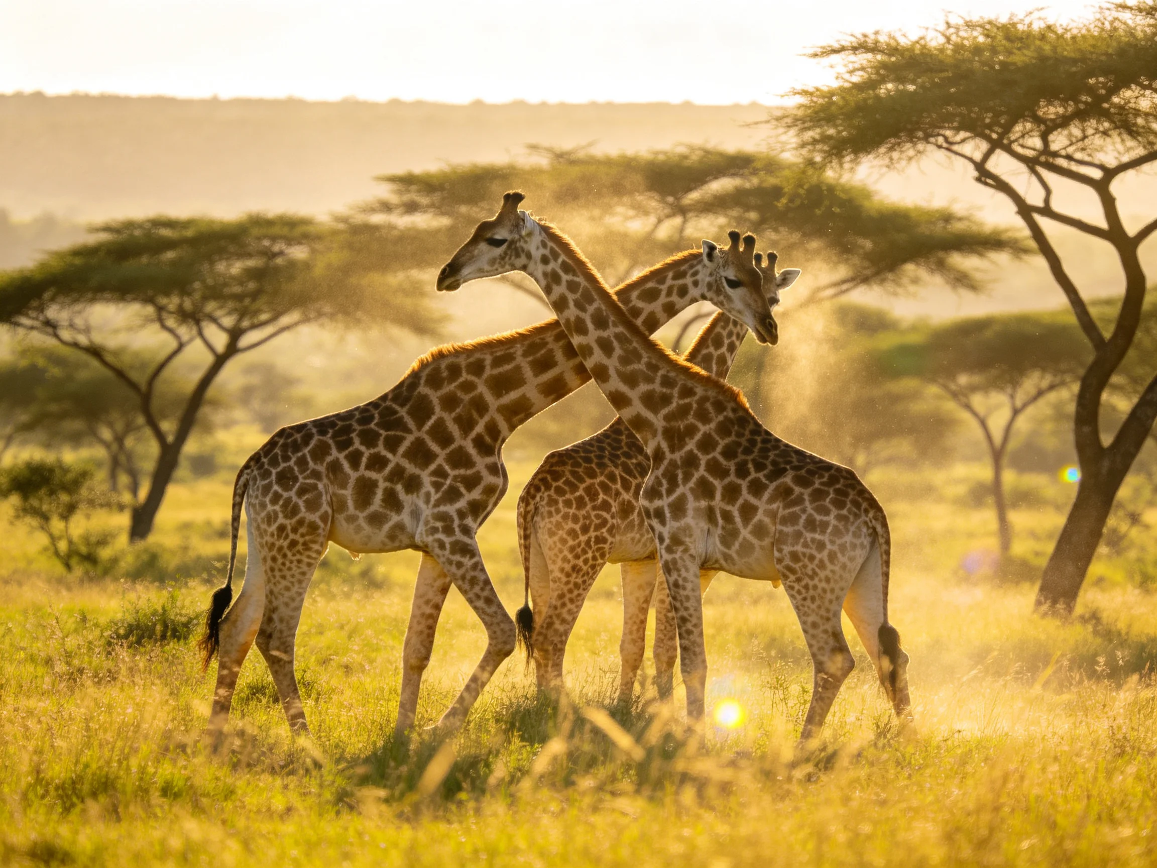 Three giraffes interact in a golden savannah landscape