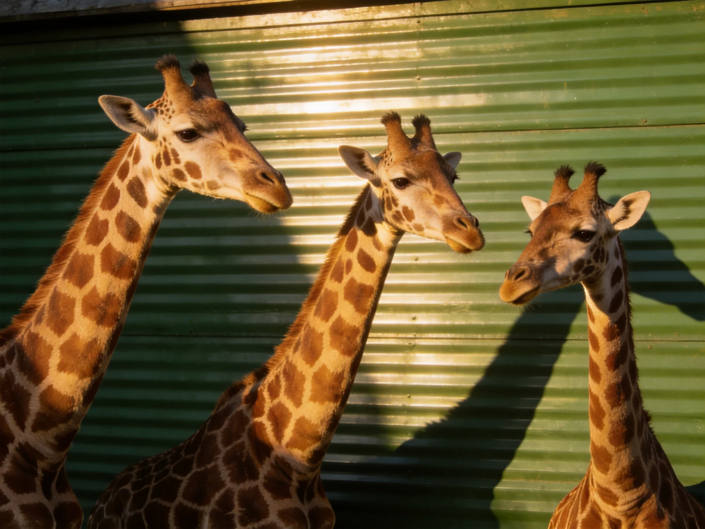 Three giraffes near a green corrugated wall with warm sunlight