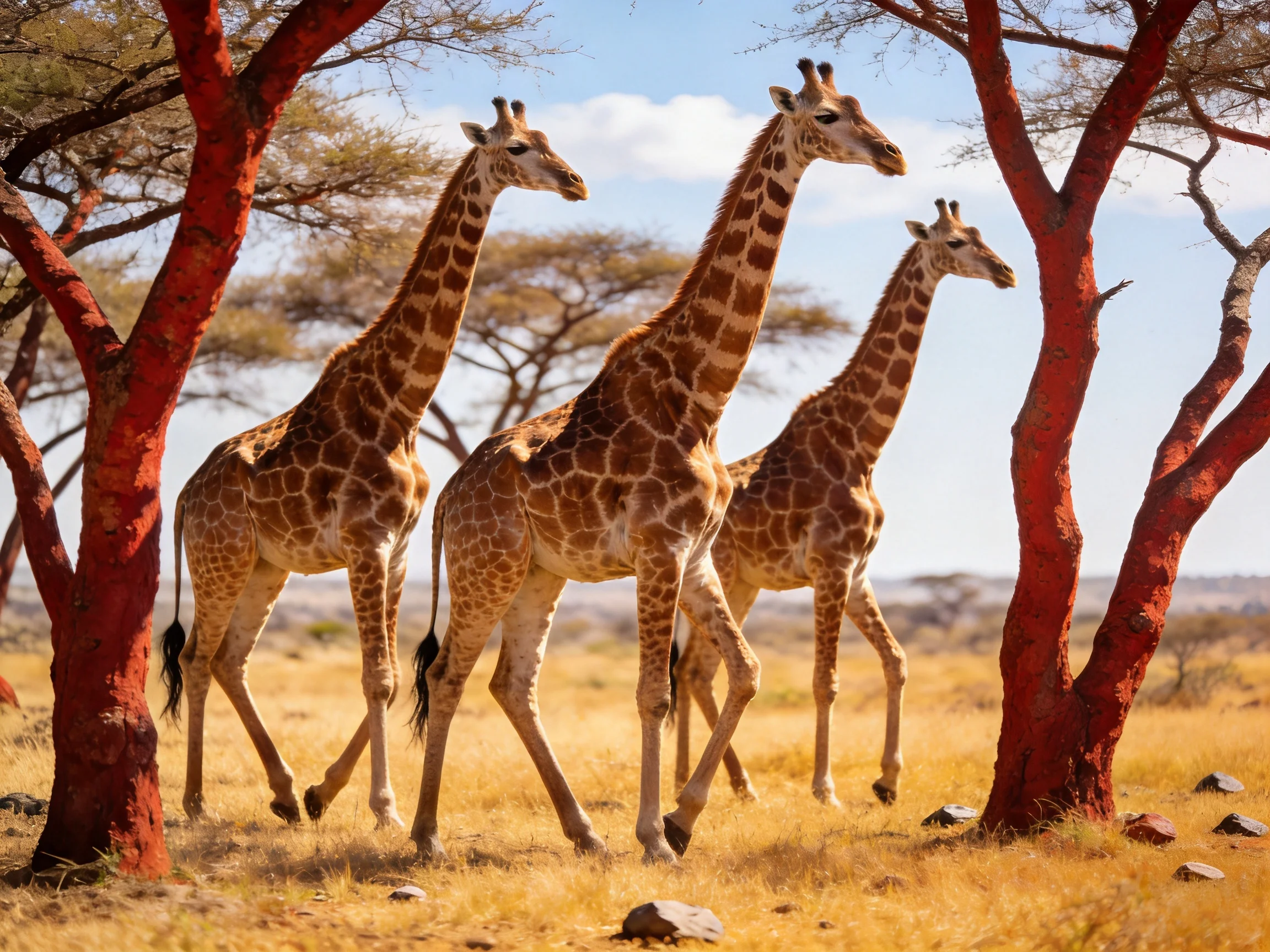 Three giraffes near red-trunked acacia trees in golden savannah